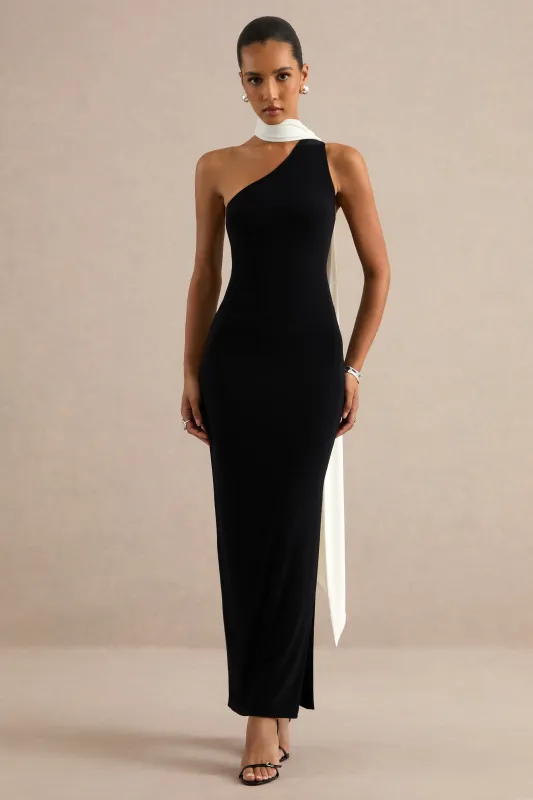Lirienne | Black & White Asymmetric-Neck Maxi Dress With Scarf Detail made by Club L London