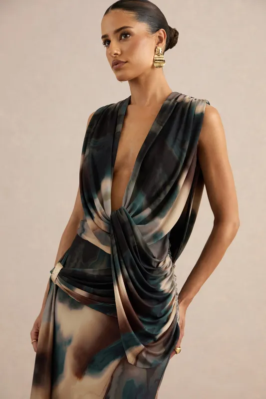 Lilias | Black And Blue Ombre Print Extreme Plunge-Neck Top made by Club L London