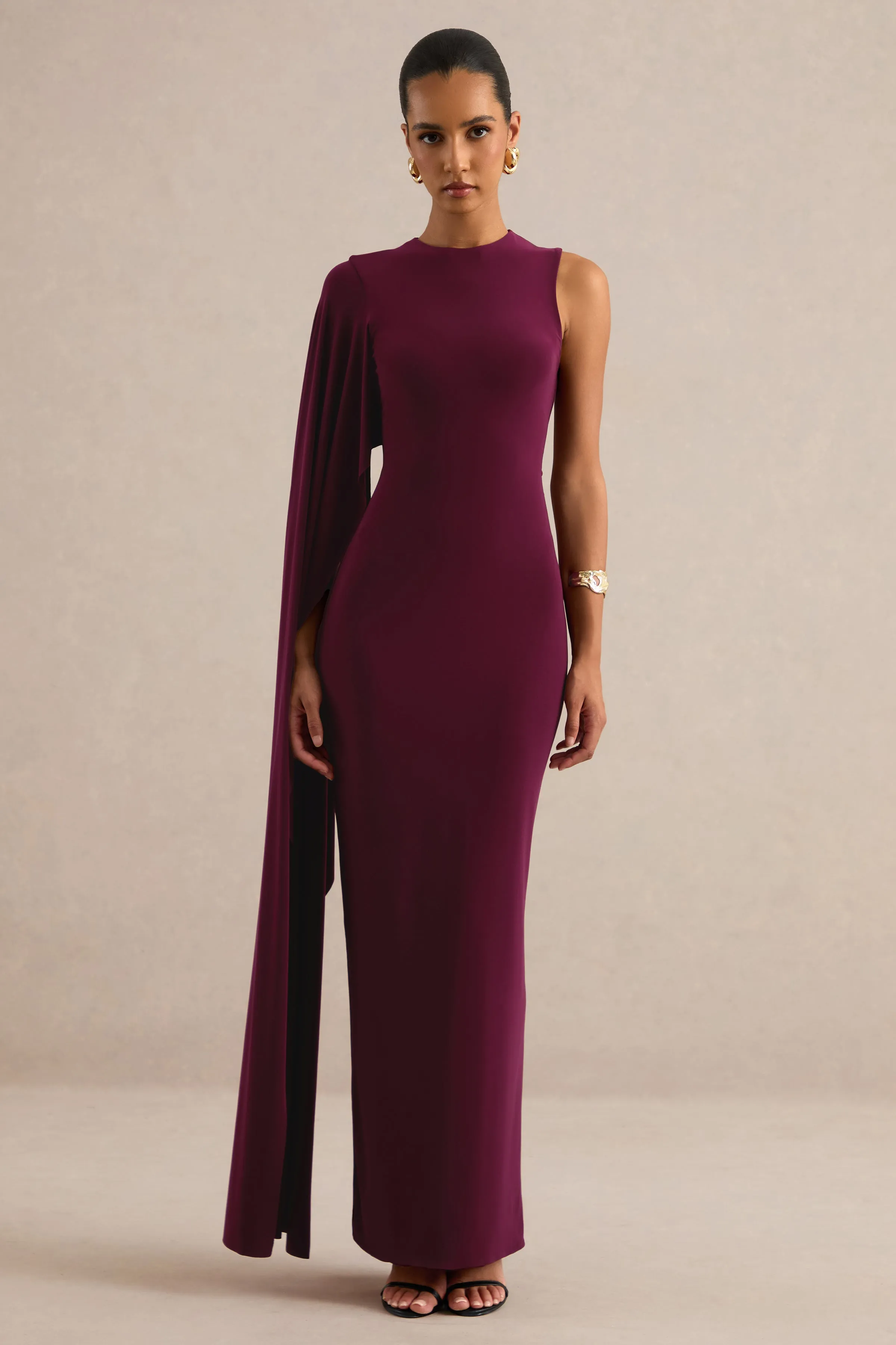 Maravelle | Burgundy Round-Neck Maxi Dress With Cape Sleeve sold by Club L London product image thumbnail 3