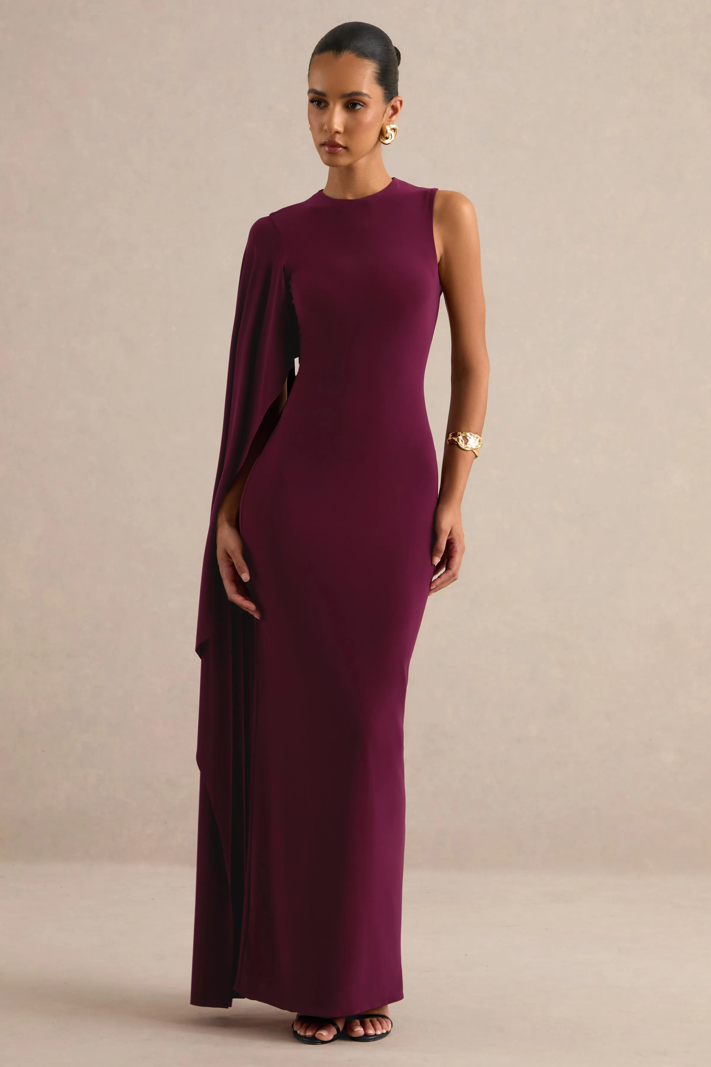 Maravelle | Burgundy Round-Neck Maxi Dress With Cape Sleeve sold by Club L London product image thumbnail 5