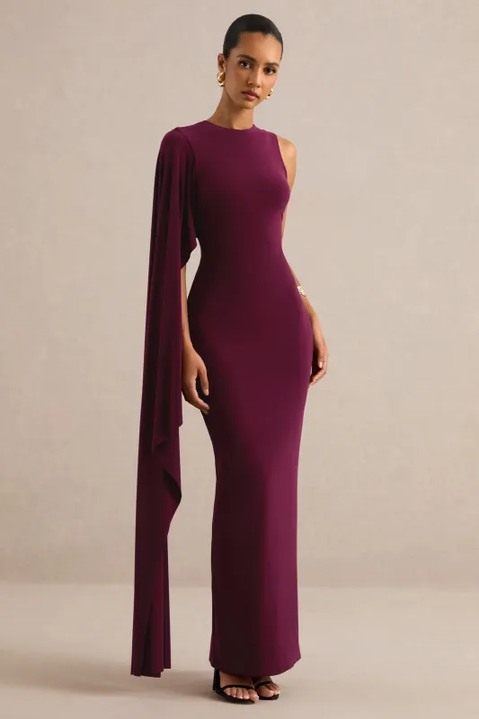 Maravelle | Burgundy Round-Neck Maxi Dress With Cape Sleeve made by Club L London
