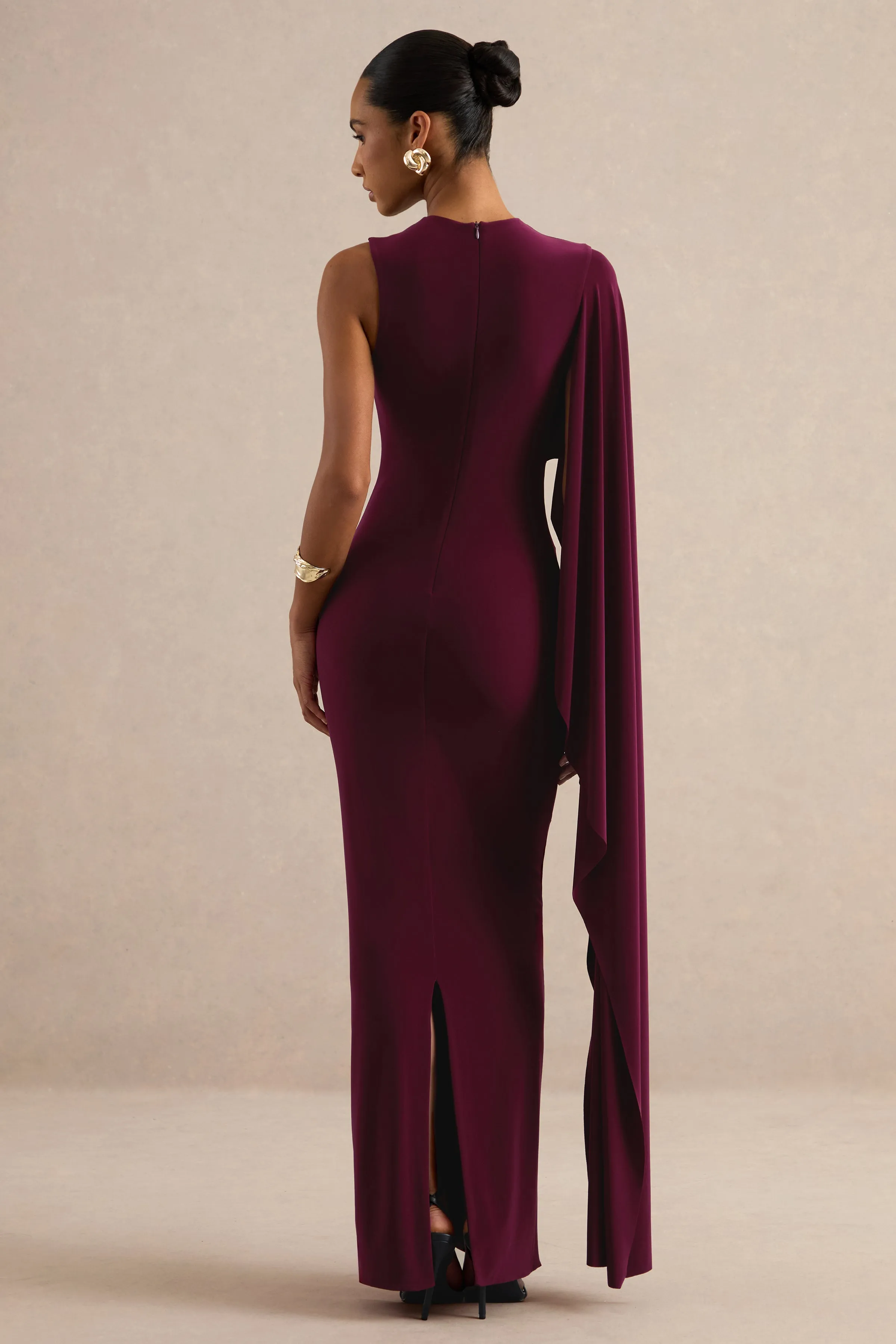 Maravelle | Burgundy Round-Neck Maxi Dress With Cape Sleeve sold by Club L London product image thumbnail 2