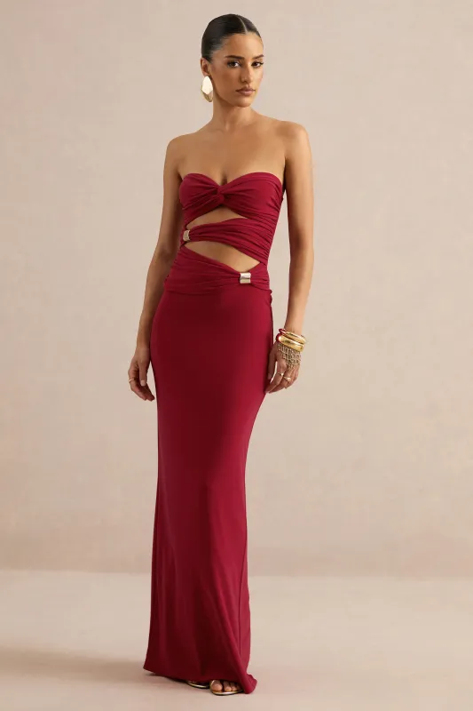 Mireia | Red Bandeau-Neck Maxi Dress With Body Cut-Out And Gold Details made by Club L London