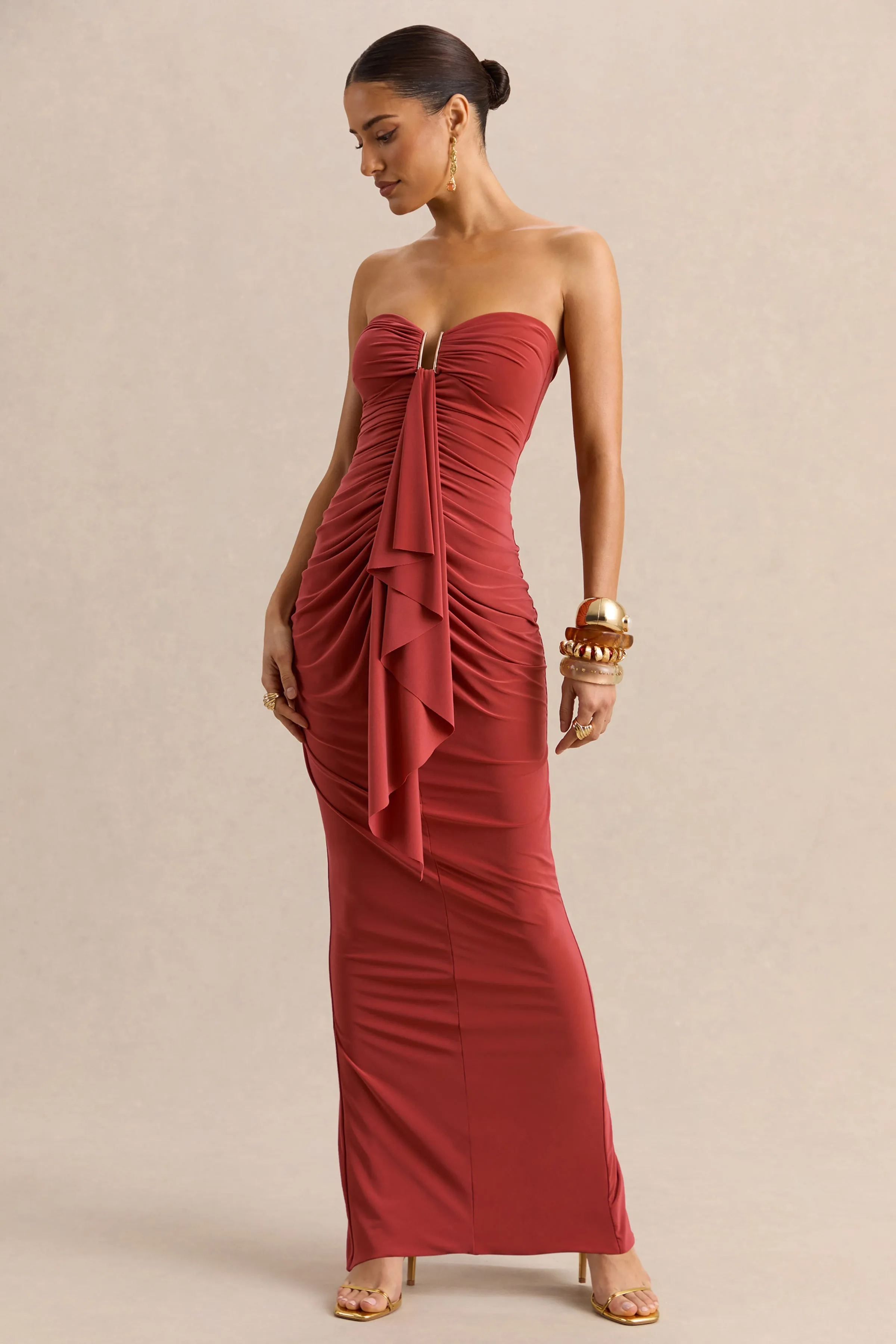 Chloe | Rust Bandeau Maxi Dress With Ruffled Detailing sold by Club L London product image thumbnail 5