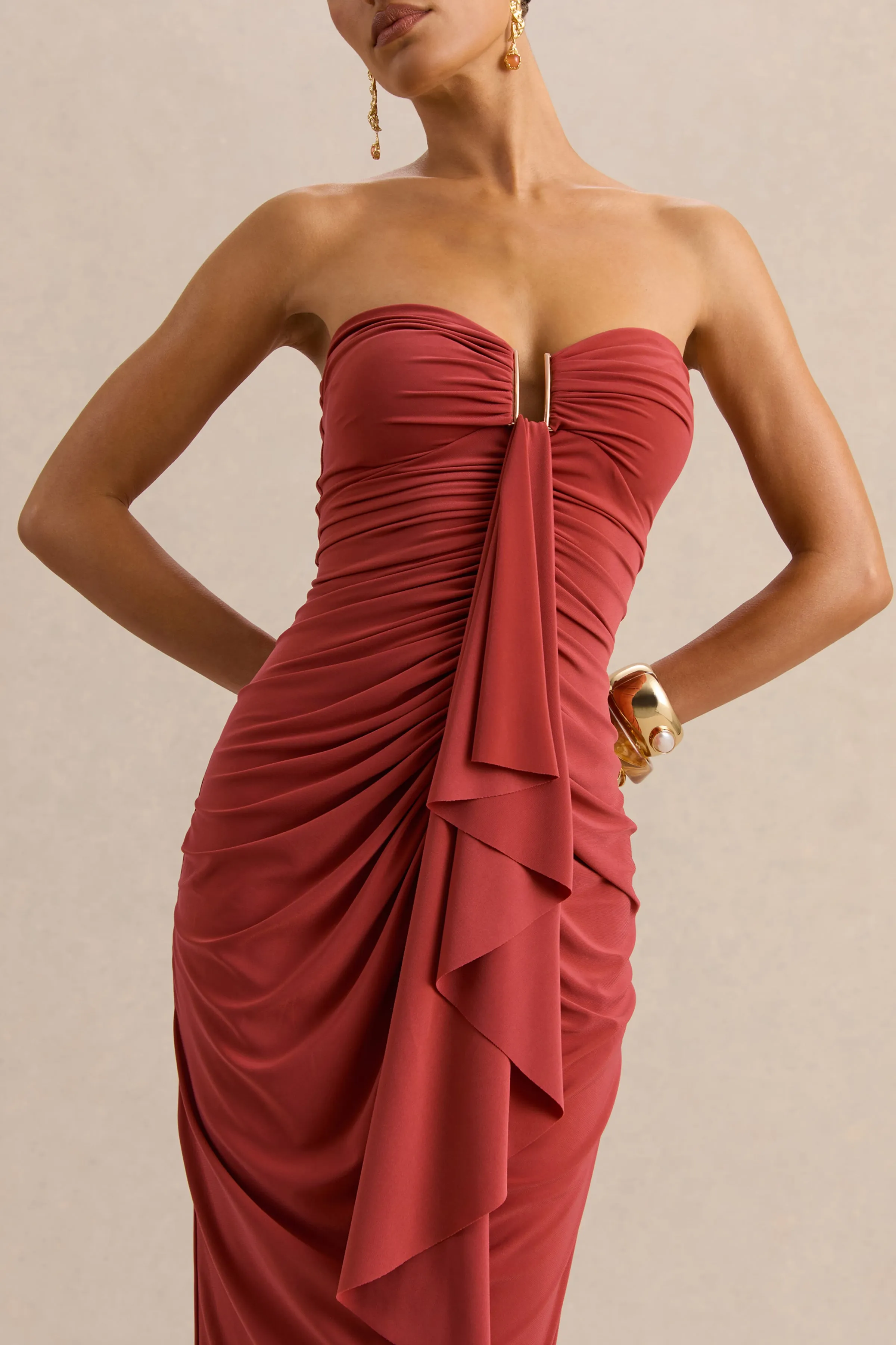 Chloe | Rust Bandeau Maxi Dress With Ruffled Detailing sold by Club L London product image thumbnail 3