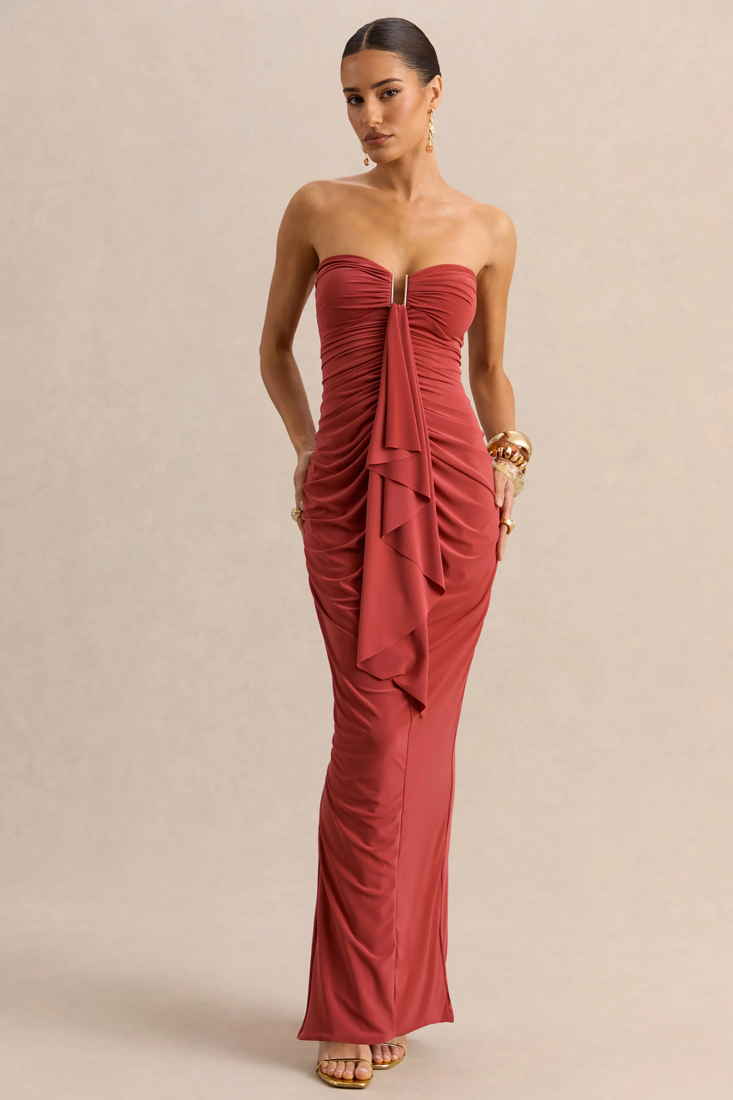 Chloe | Rust Bandeau Maxi Dress With Ruffled Detailing sold by Club L London product image thumbnail 4
