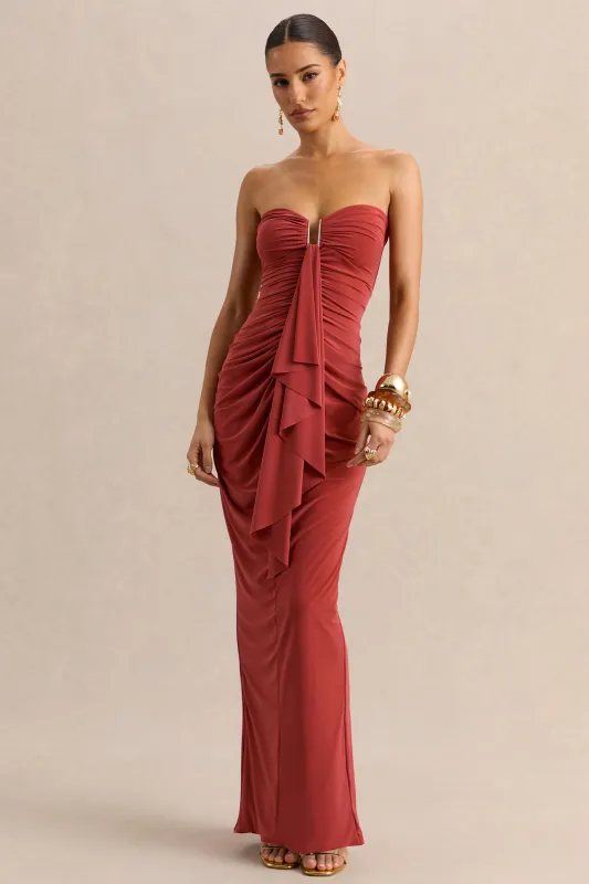 Chloe | Rust Bandeau Maxi Dress With Ruffled Detailing made by Club L London