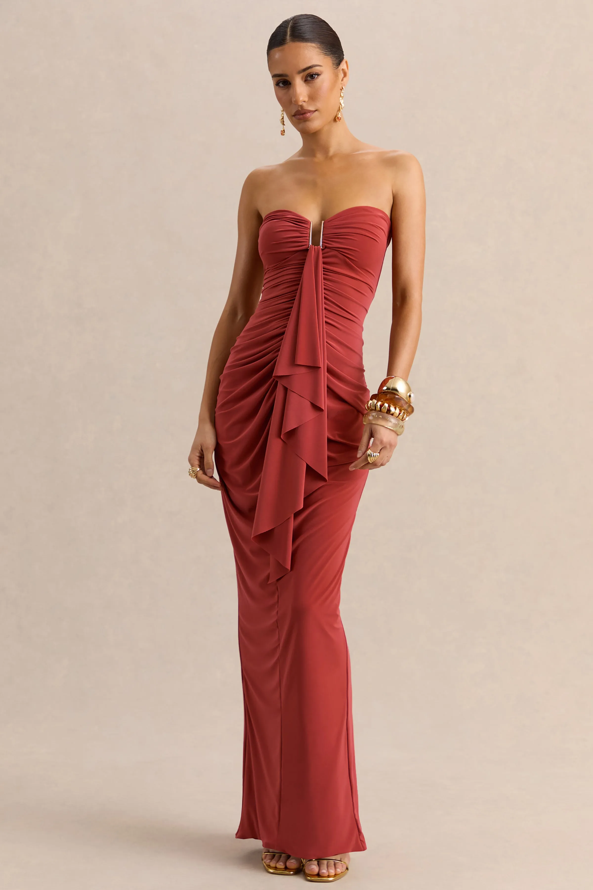Chloe | Rust Bandeau Maxi Dress With Ruffled Detailing sold by Club L London
