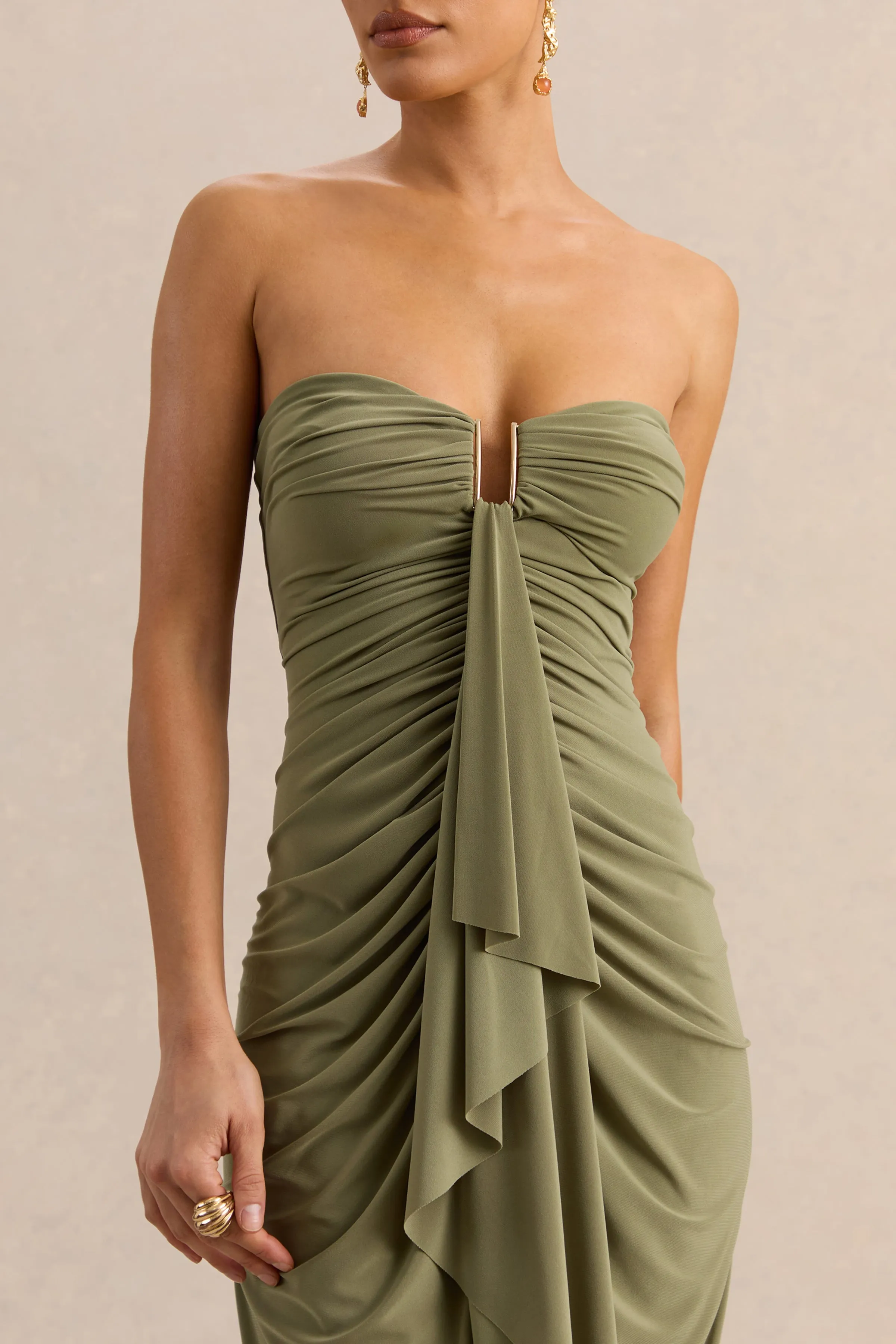 Chloe | Olive Bandeau Maxi Dress With Ruffled Detailing sold by Club L London product image thumbnail 3