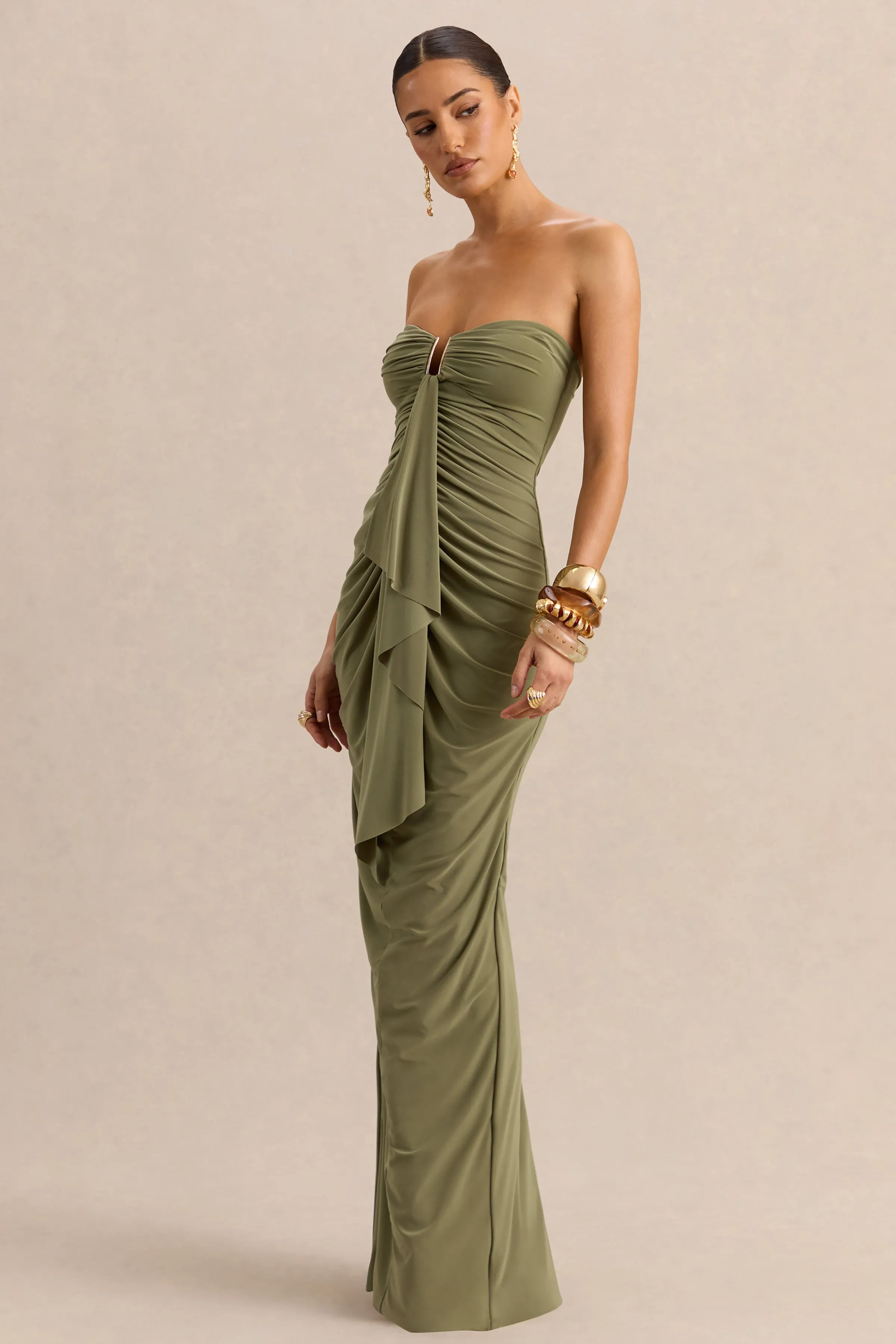 Chloe | Olive Bandeau Maxi Dress With Ruffled Detailing sold by Club L London product image thumbnail 4