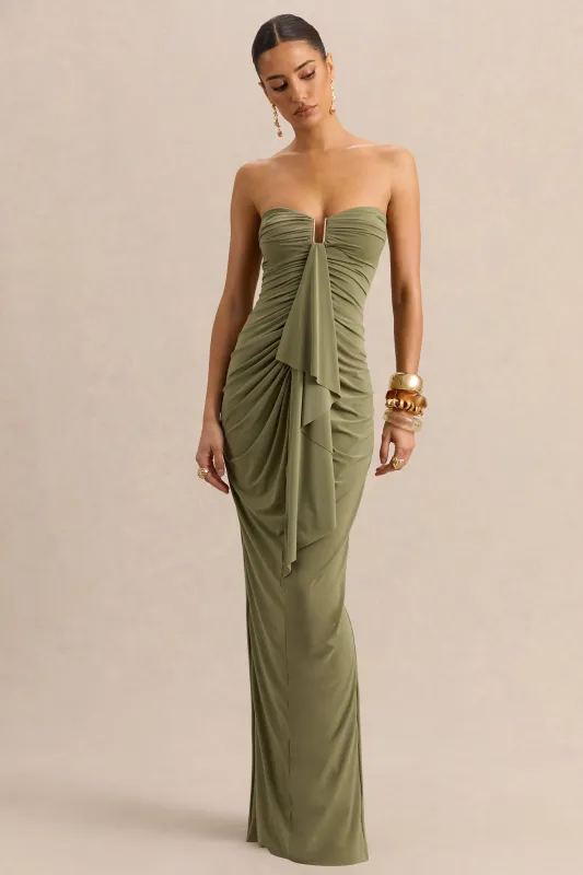 Chloe | Olive Bandeau Maxi Dress With Ruffled Detailing made by Club L London