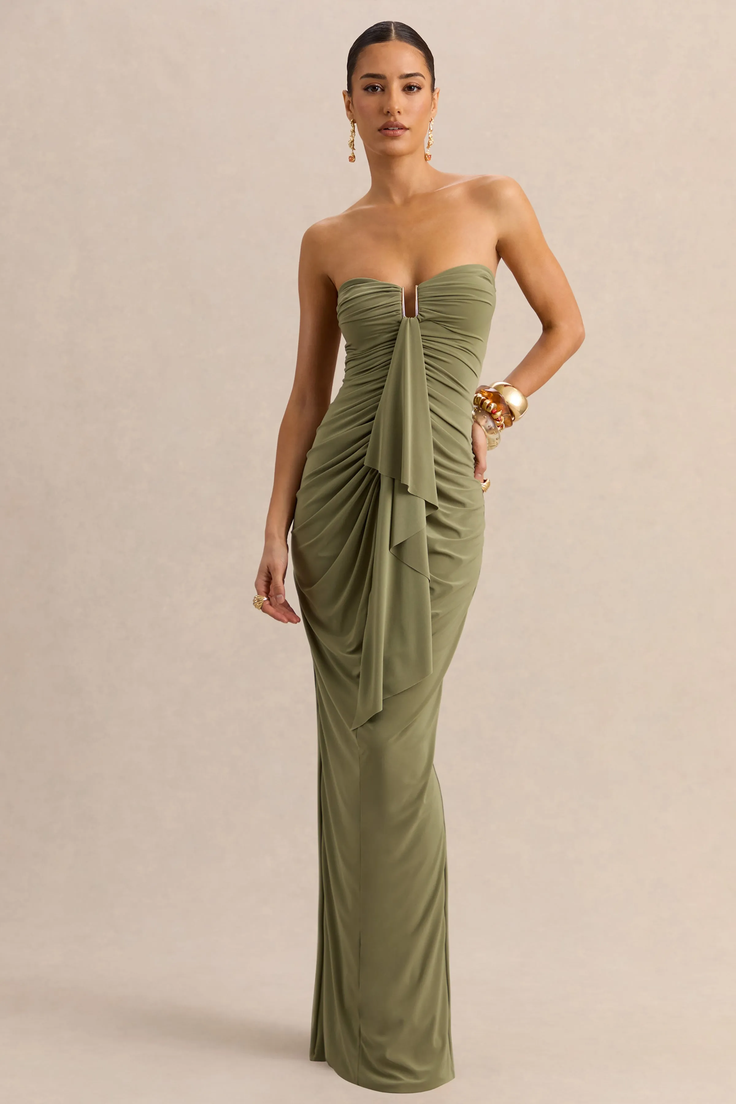 Chloe | Olive Bandeau Maxi Dress With Ruffled Detailing sold by Club L London product image thumbnail 5