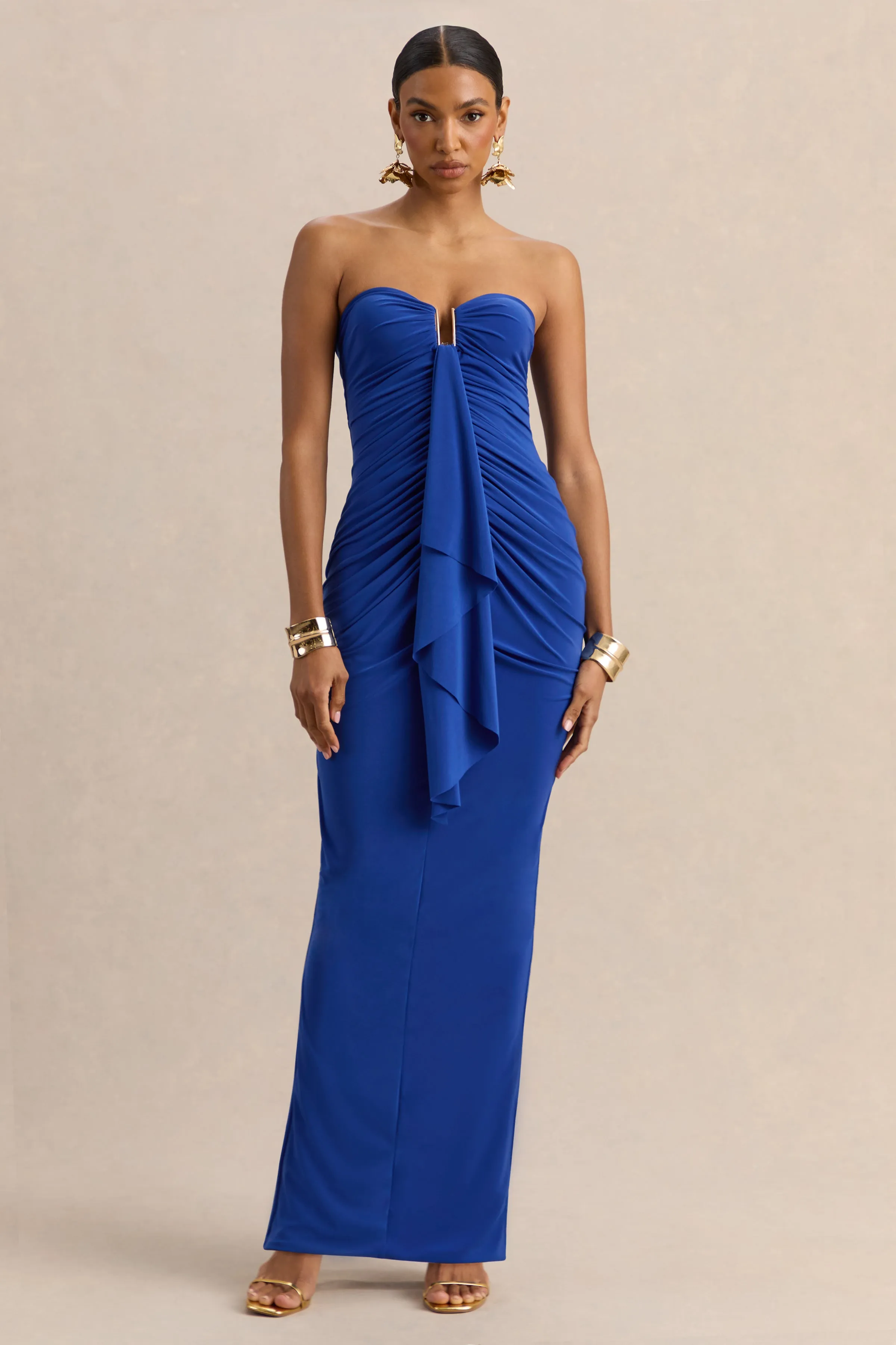 Chloe | Blue Bandeau Maxi Dress With Ruffled Detailing sold by Club L London