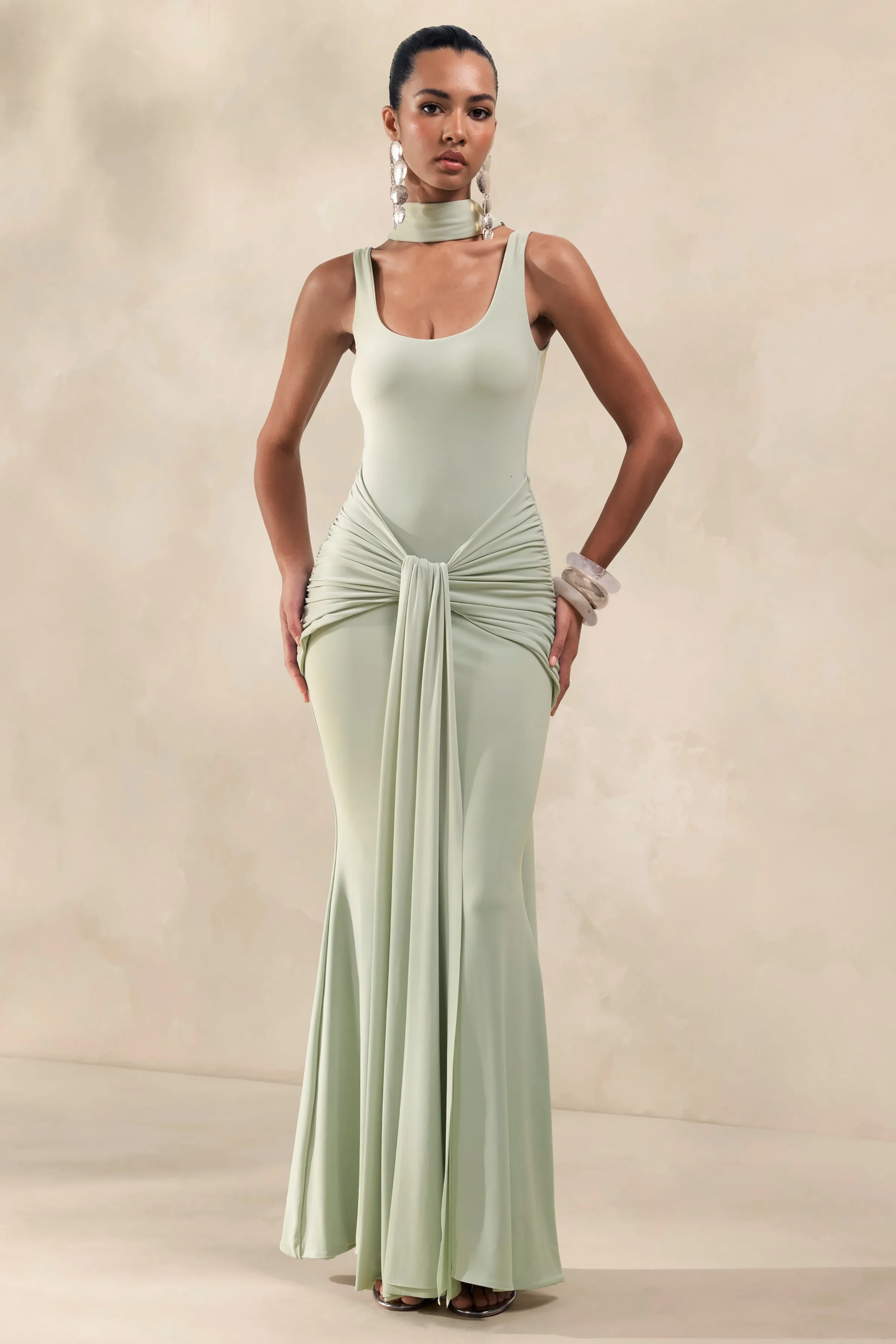 Solyra | Mint Square-Neck Maxi Dress With Sash And Cape Detail sold by Club L London product image thumbnail 5