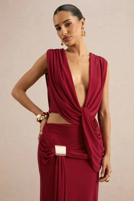 Lilias | Red Extreme Plunge-Neck Top made by Club L London