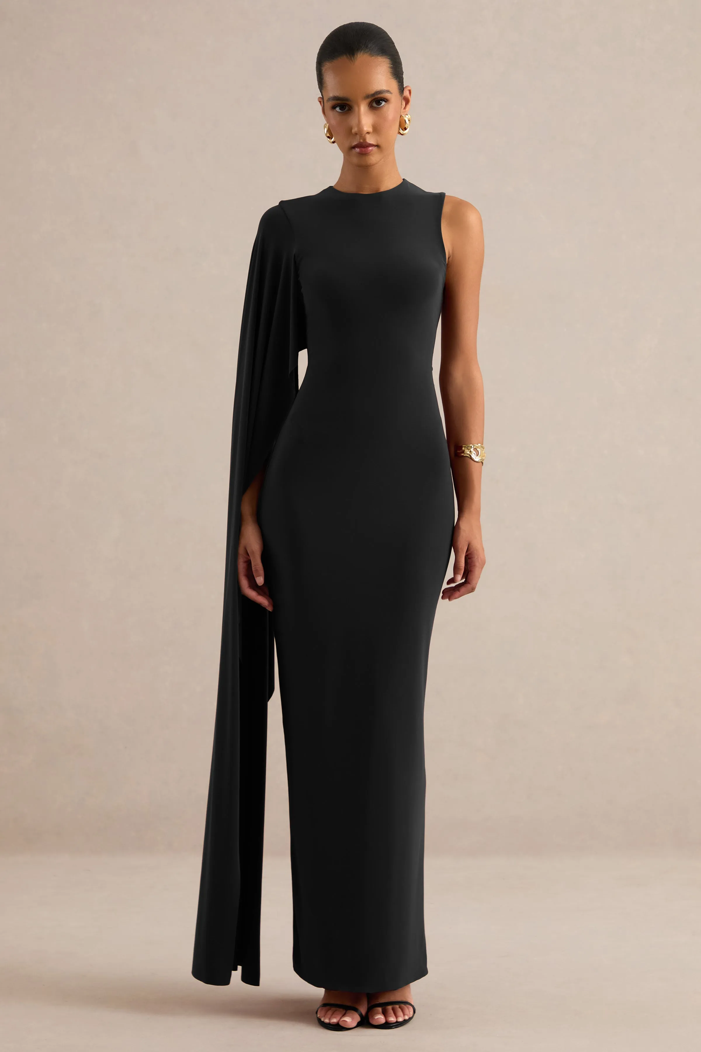 Maravelle | Black Round-Neck Maxi Dress With Cape Sleeve sold by Club L London product image thumbnail 4