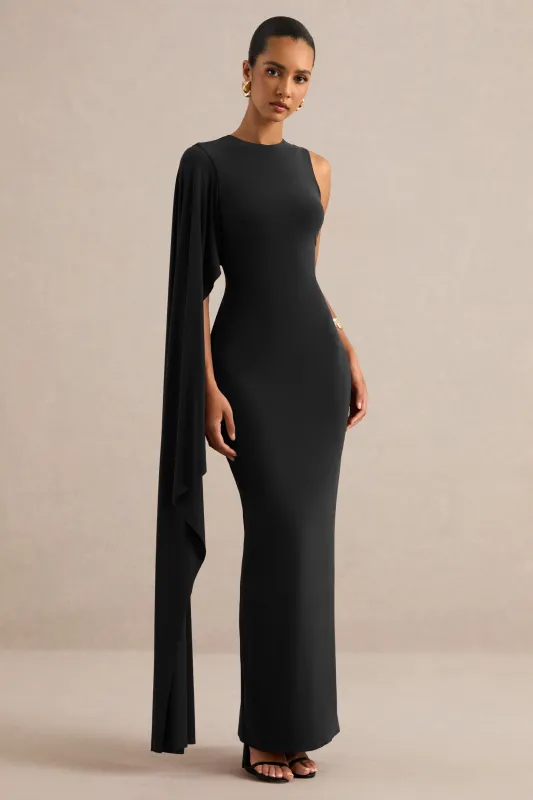 Maravelle | Black Round-Neck Maxi Dress With Cape Sleeve made by Club L London