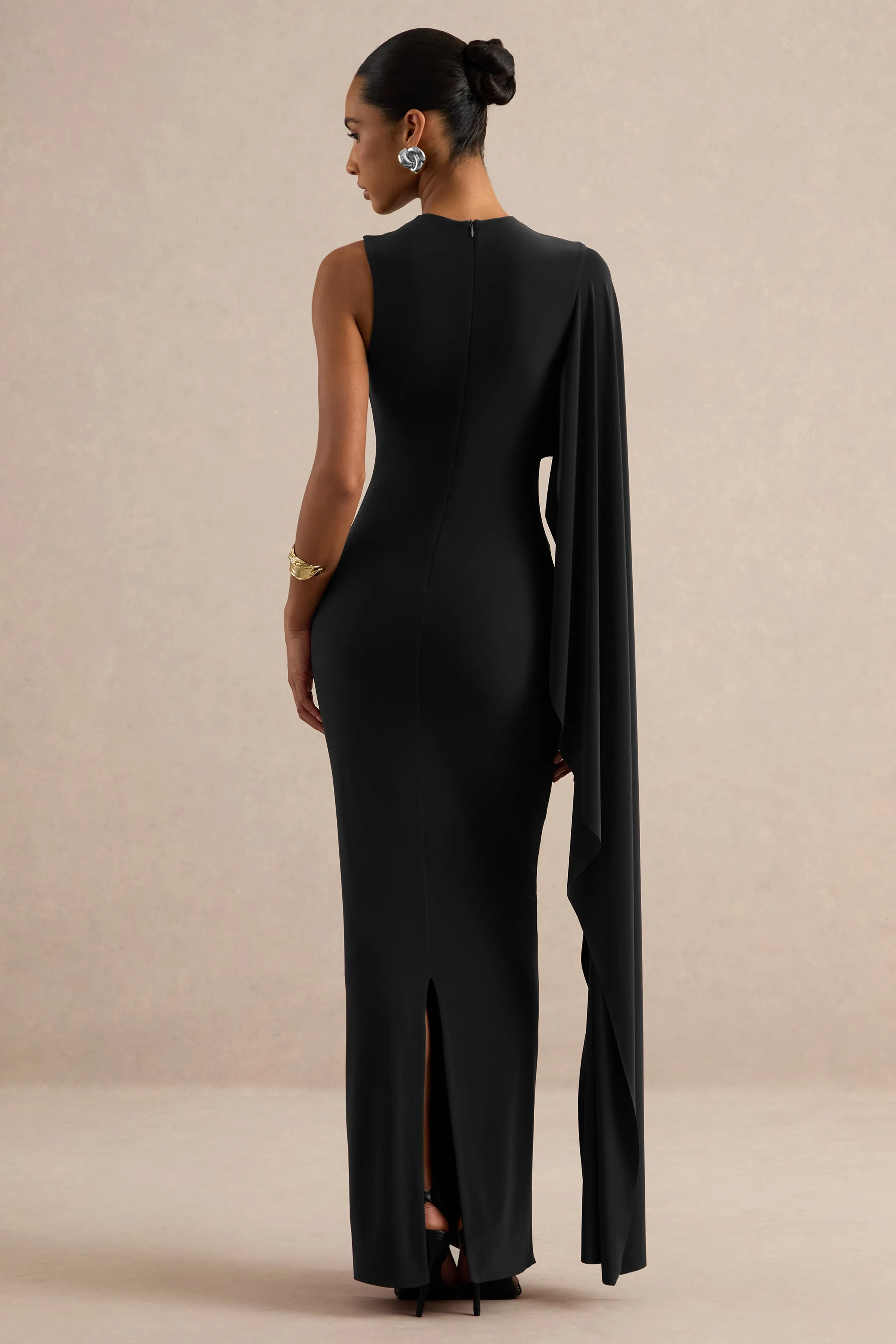 Maravelle | Black Round-Neck Maxi Dress With Cape Sleeve sold by Club L London product image thumbnail 2