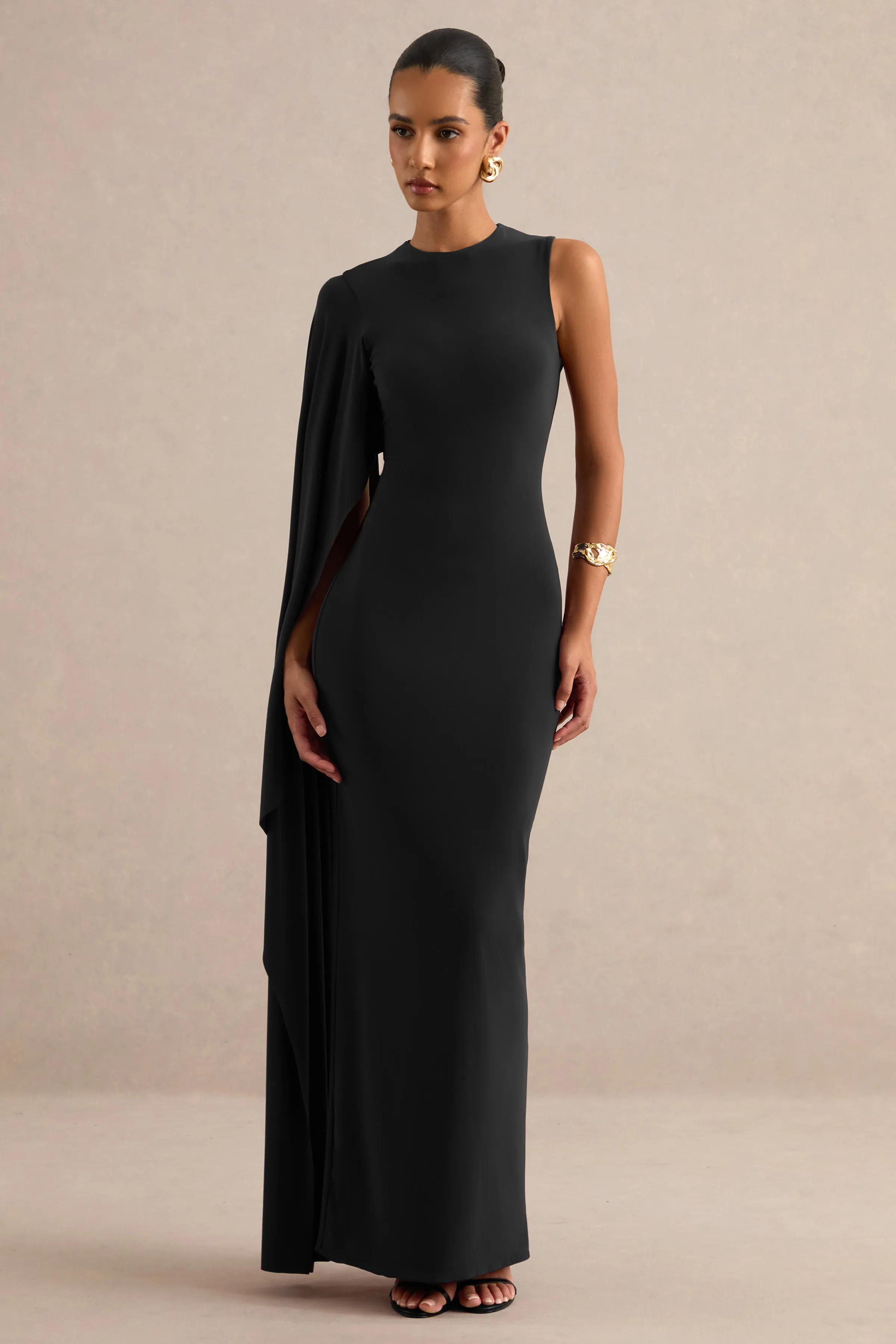 Maravelle | Black Round-Neck Maxi Dress With Cape Sleeve sold by Club L London product image thumbnail 3