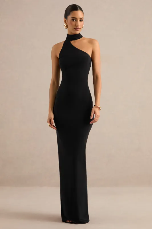 Maebelle | Black Asymmetric-Neck Maxi Dress With Collar made by Club L London