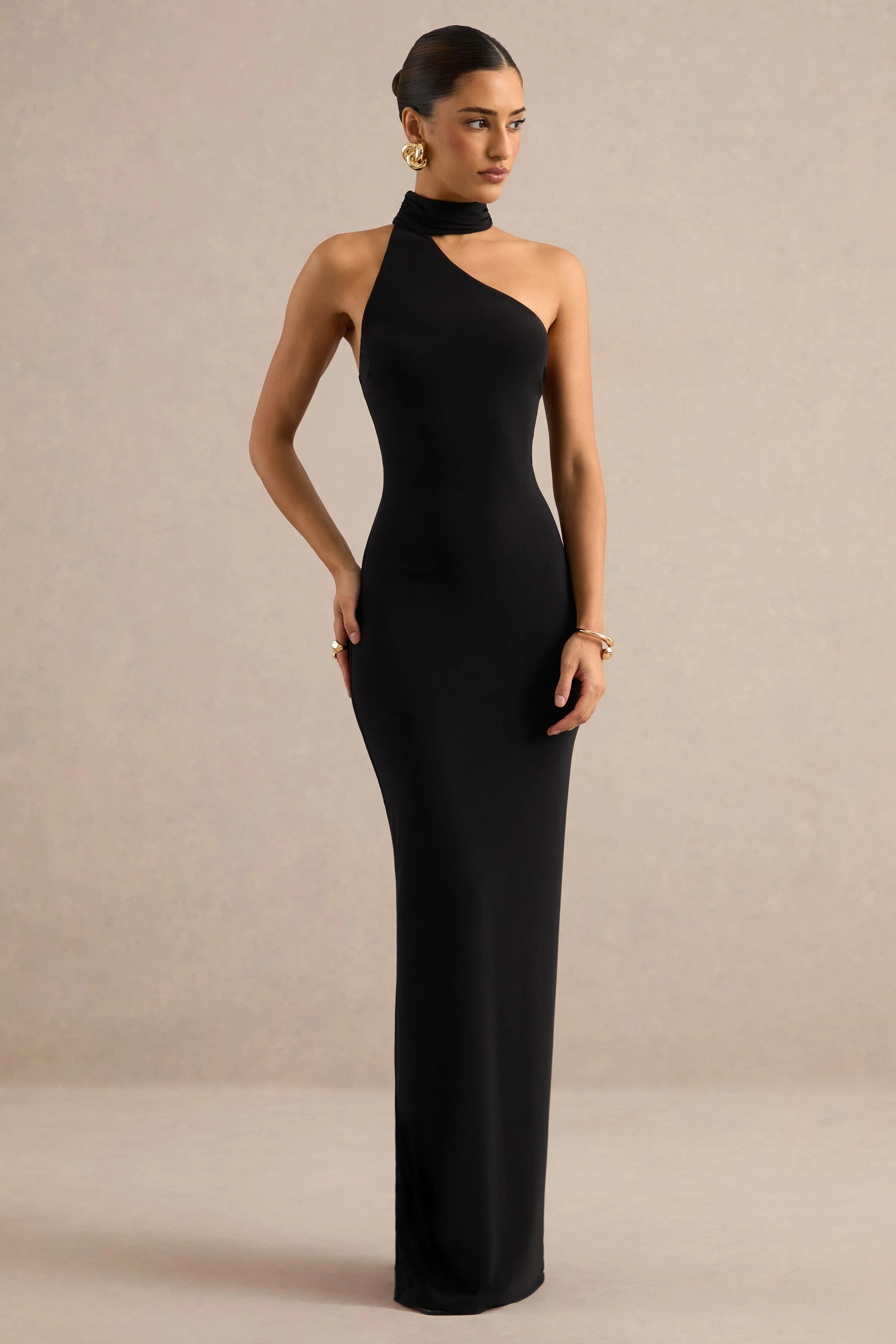 Maebelle | Black Asymmetric-Neck Maxi Dress With Collar sold by Club L London product image thumbnail 5