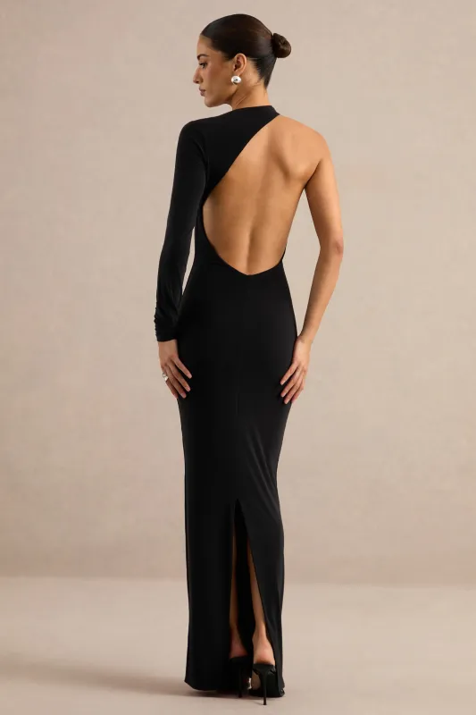 Inelle | Black Asymmetric-Neck One Sleeve Maxi Dress made by Club L London