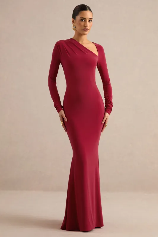 Florabella | Red Asymmetric-Neck Long Sleeve Maxi Dress made by Club L London