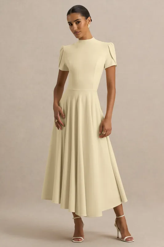 Vicky | Lemon High Neck Midi Dress With Puff Sleeves made by Club L London