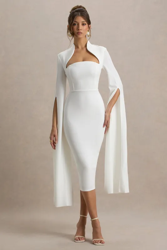 Linden | White Fitted Cape-Sleeve Midi Dress made by Club L London