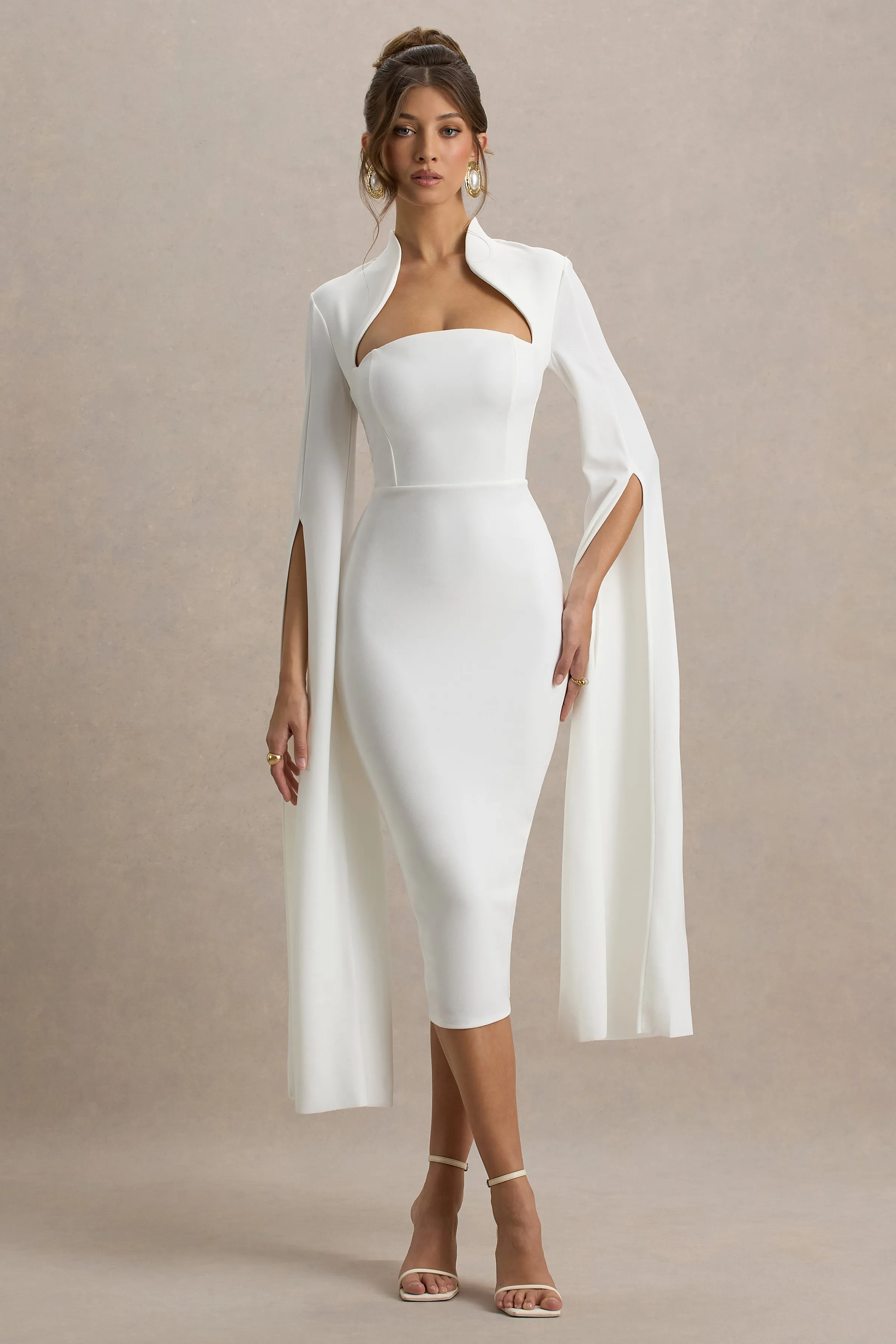 Linden | White Fitted Cape-Sleeve Midi Dress sold by Club L London