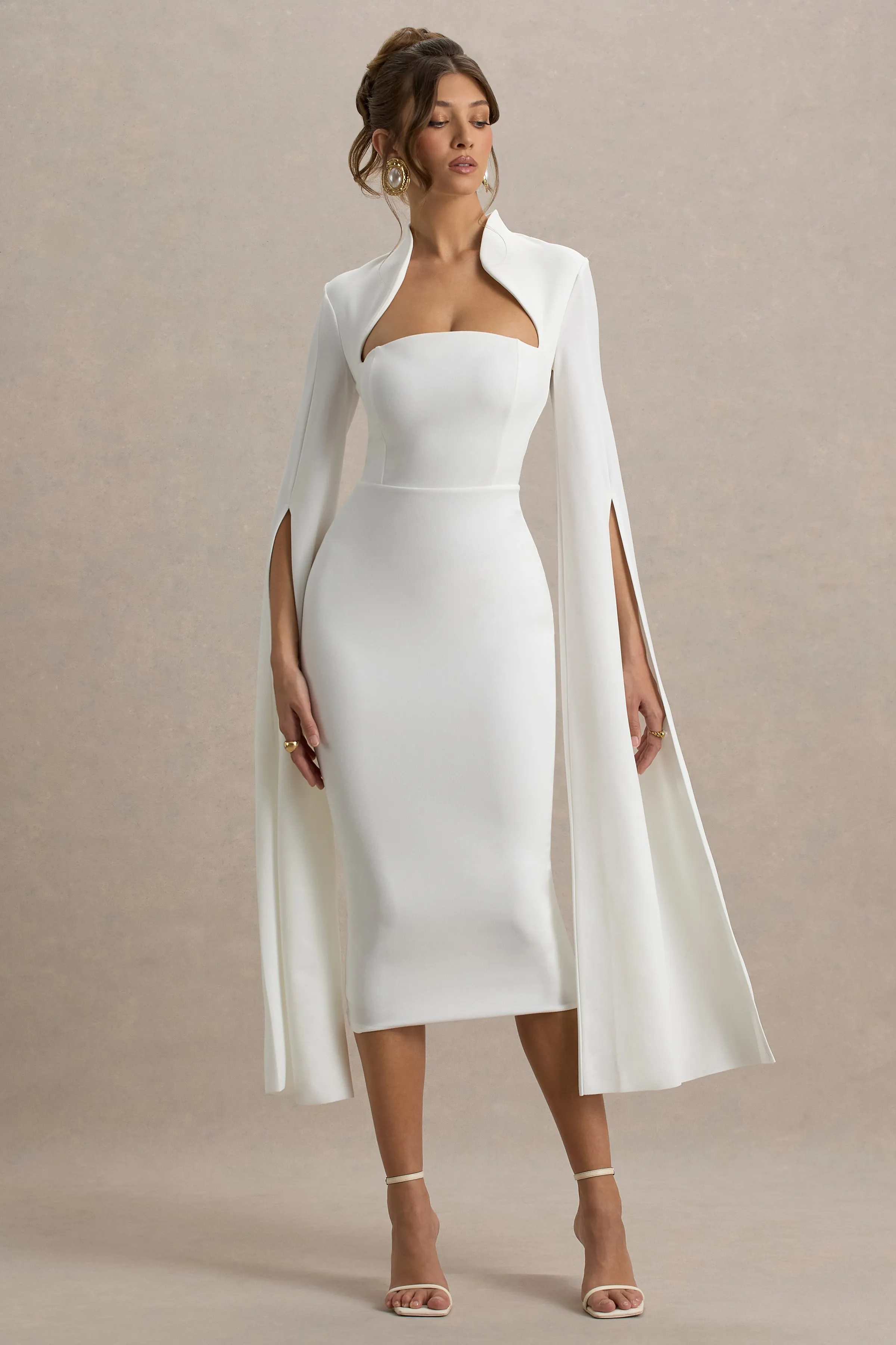 Linden | White Fitted Cape-Sleeve Midi Dress sold by Club L London product image thumbnail 5