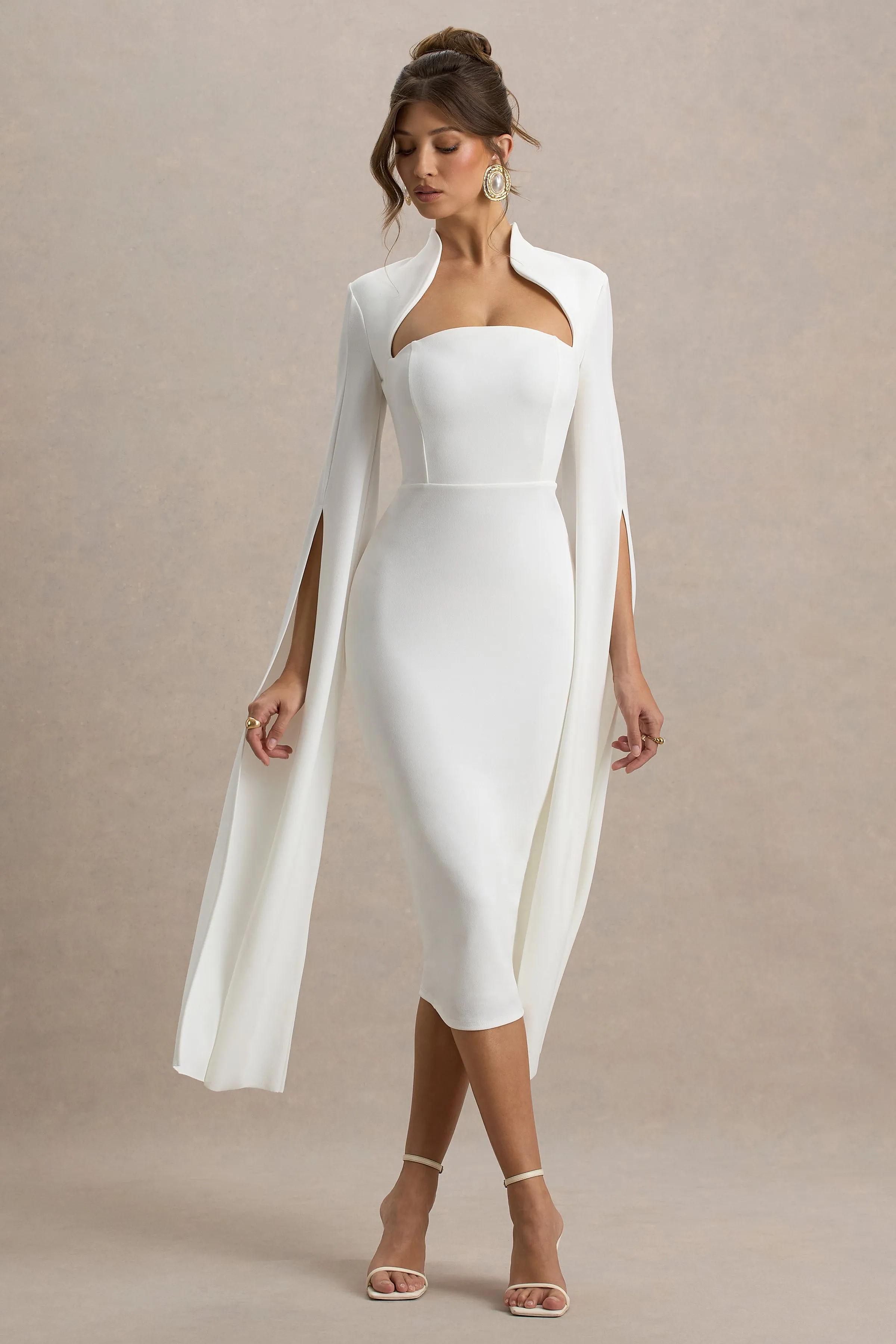 Linden | White Fitted Cape-Sleeve Midi Dress sold by Club L London product image thumbnail 3