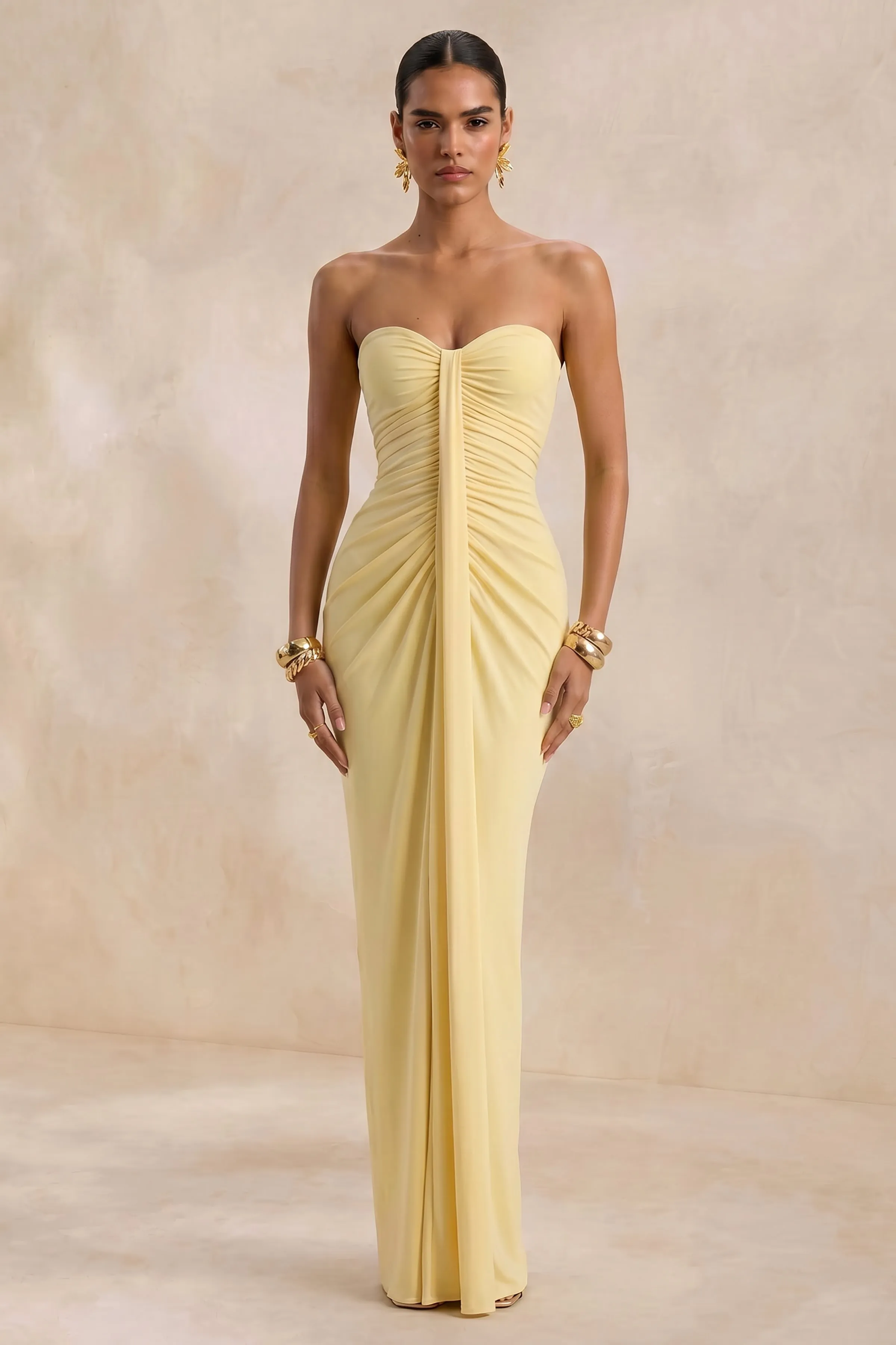 Ali | Lemon Jersey Sweetheart Maxi Dress With Gathered Detailing And Sash sold by Club L London product image thumbnail 3