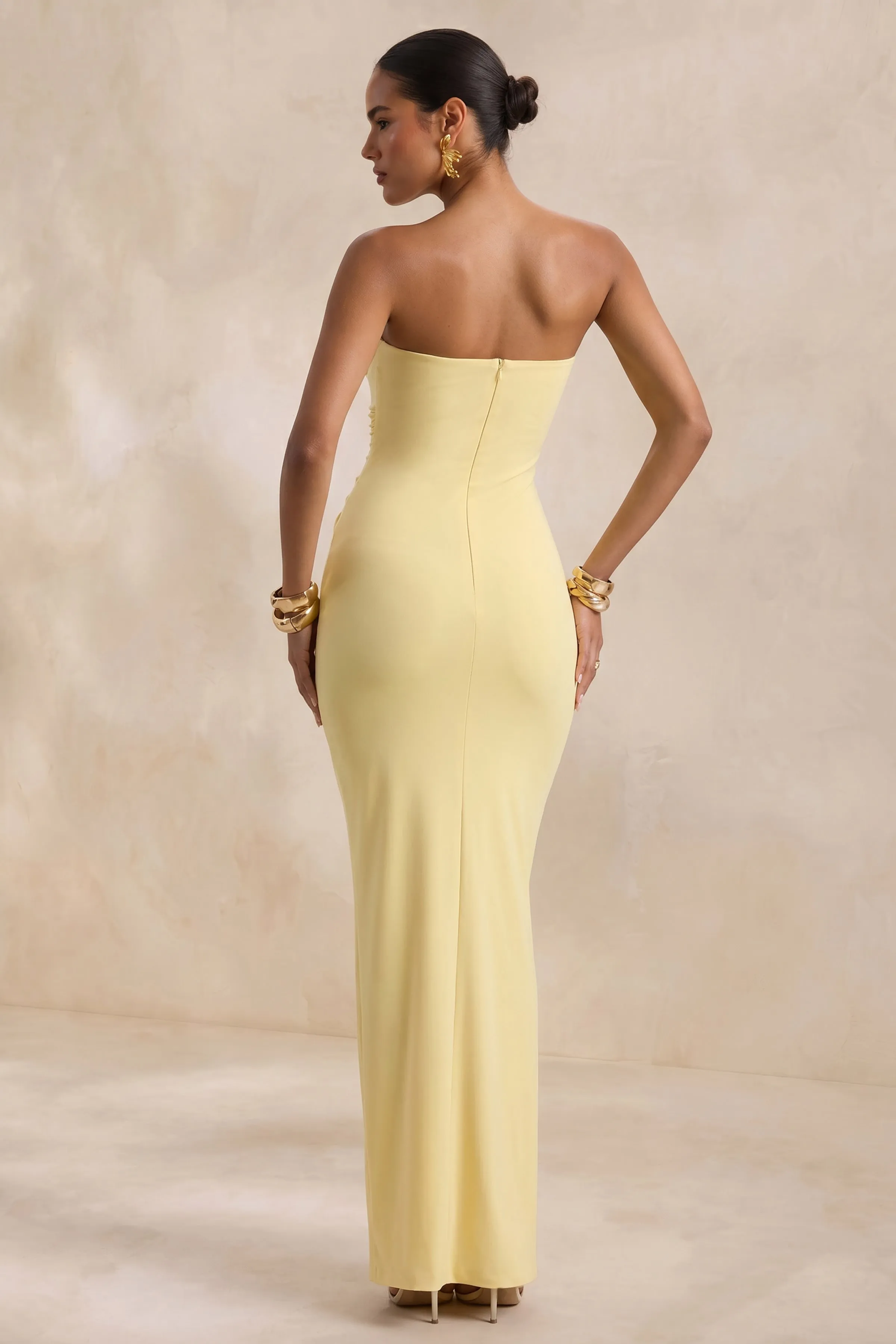 Ali | Lemon Jersey Sweetheart Maxi Dress With Gathered Detailing And Sash sold by Club L London product image thumbnail 2