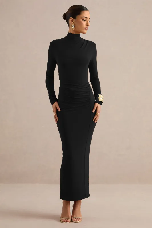 Erienne | Black Jersey High Neck Long Sleeve Maxi Dress With Gathered Detailing And Back Split made by Club L London