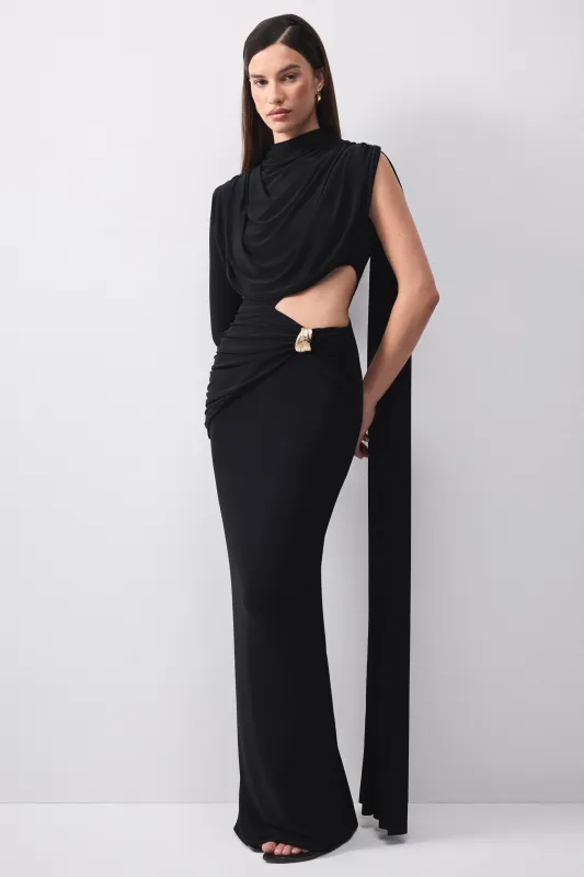 Esmaria | Black High-Neck Maxi Dress With Gold Detail And Sash made by Club L London
