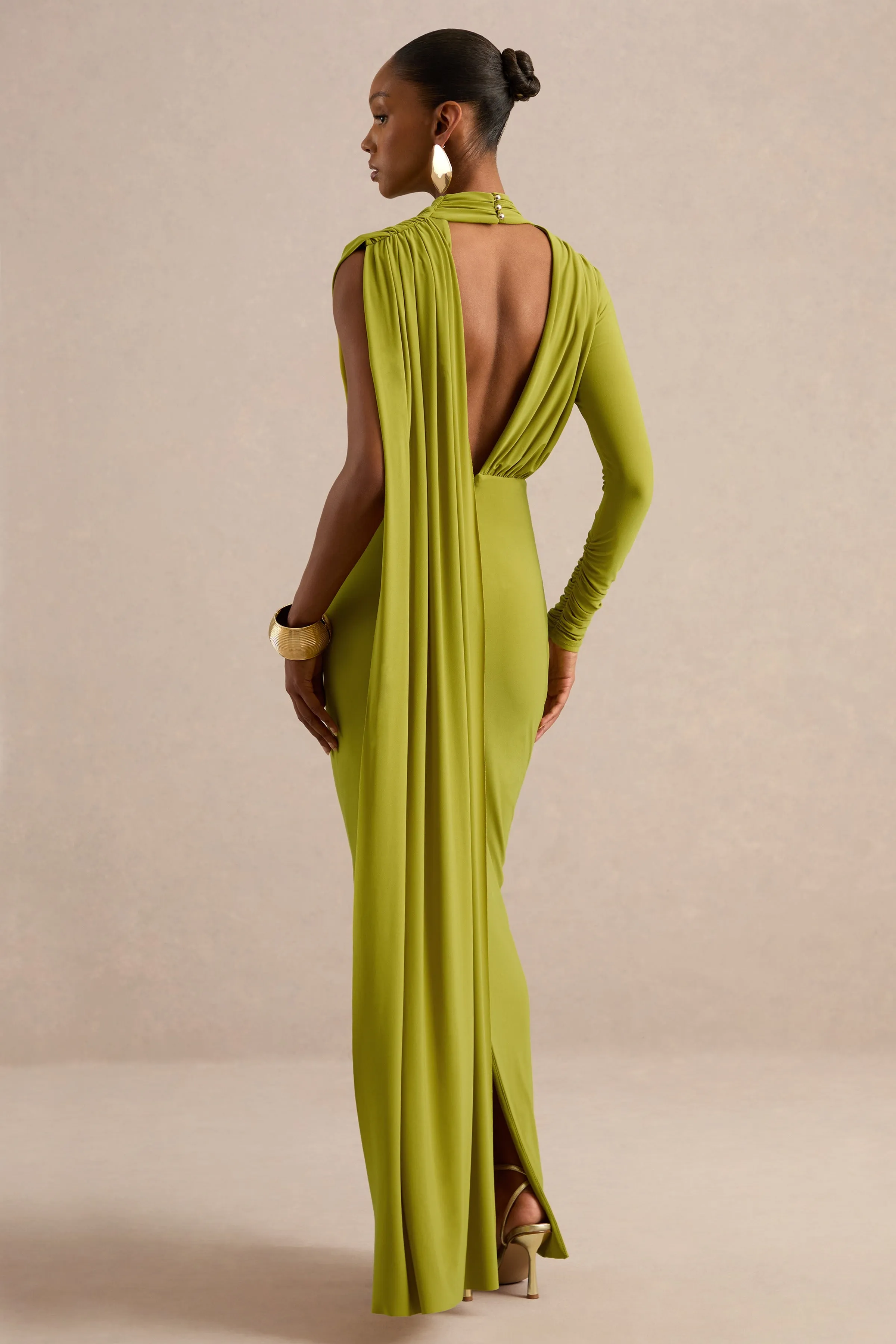 Esmaria | Olive Jersey Ruched High Neck One Sleeve Maxi Dress With Draped Detailing And Gold Trim sold by Club L London product image thumbnail 4