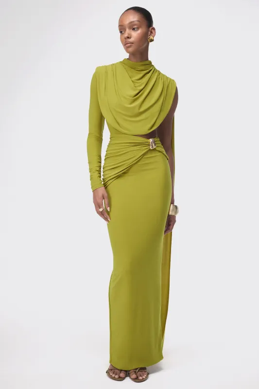 Esmaria | Olive Jersey Ruched High Neck One Sleeve Maxi Dress With Draped Detailing And Gold Trim made by Club L London