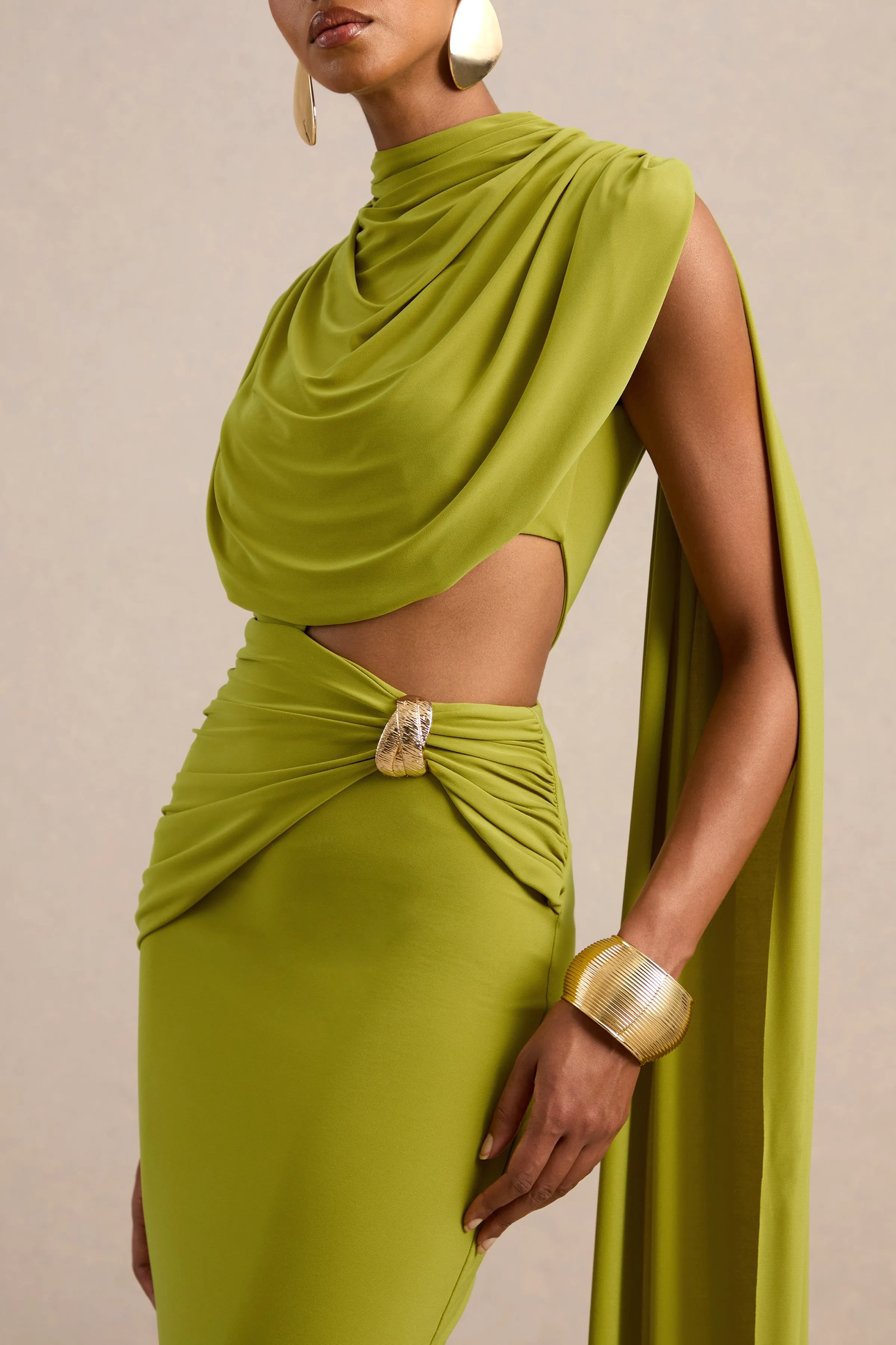 Esmaria | Olive Jersey Ruched High Neck One Sleeve Maxi Dress With Draped Detailing And Gold Trim sold by Club L London product image thumbnail 5