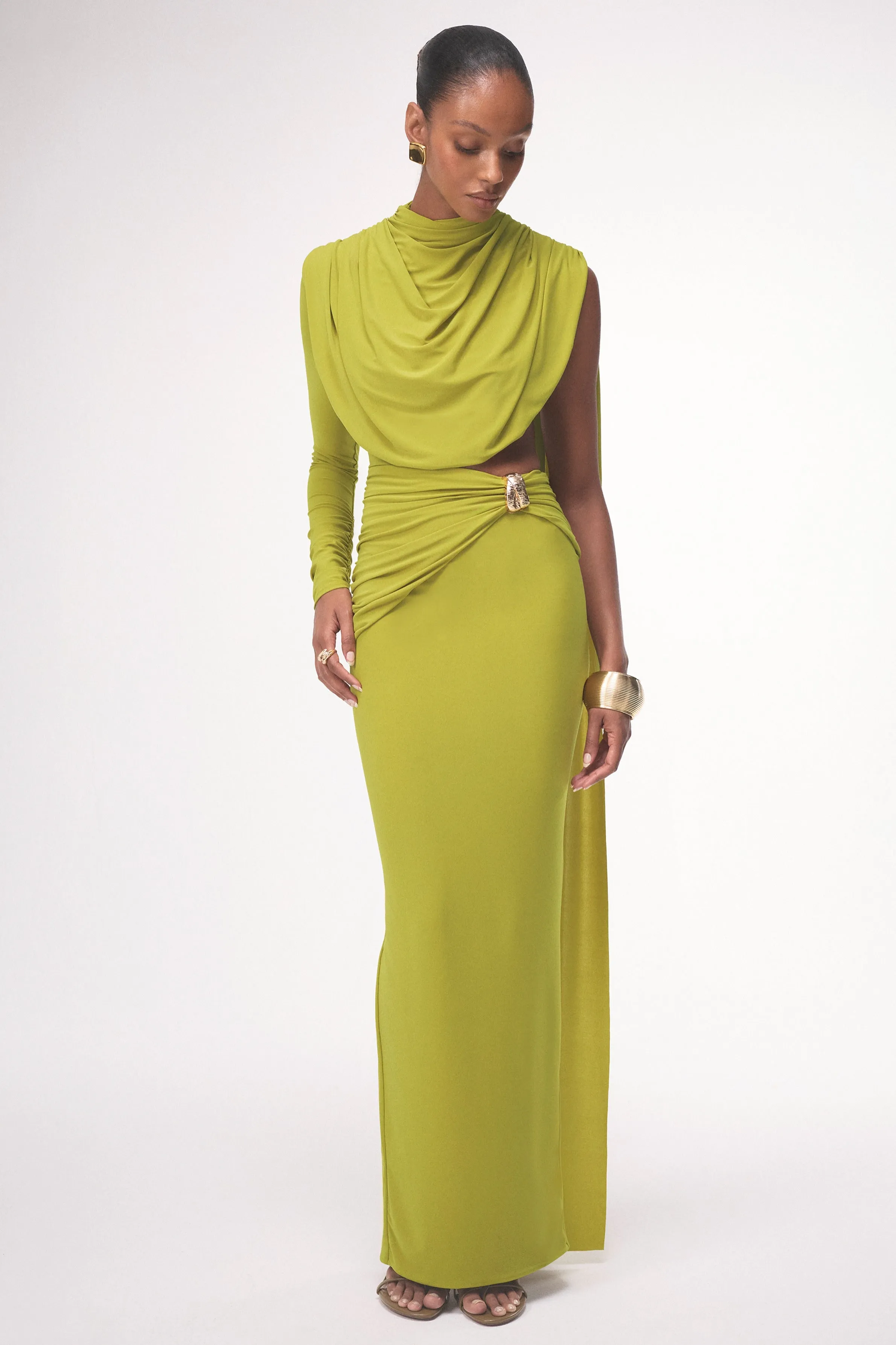 Esmaria | Olive Jersey Ruched High Neck One Sleeve Maxi Dress With Draped Detailing And Gold Trim sold by Club L London product image thumbnail 2