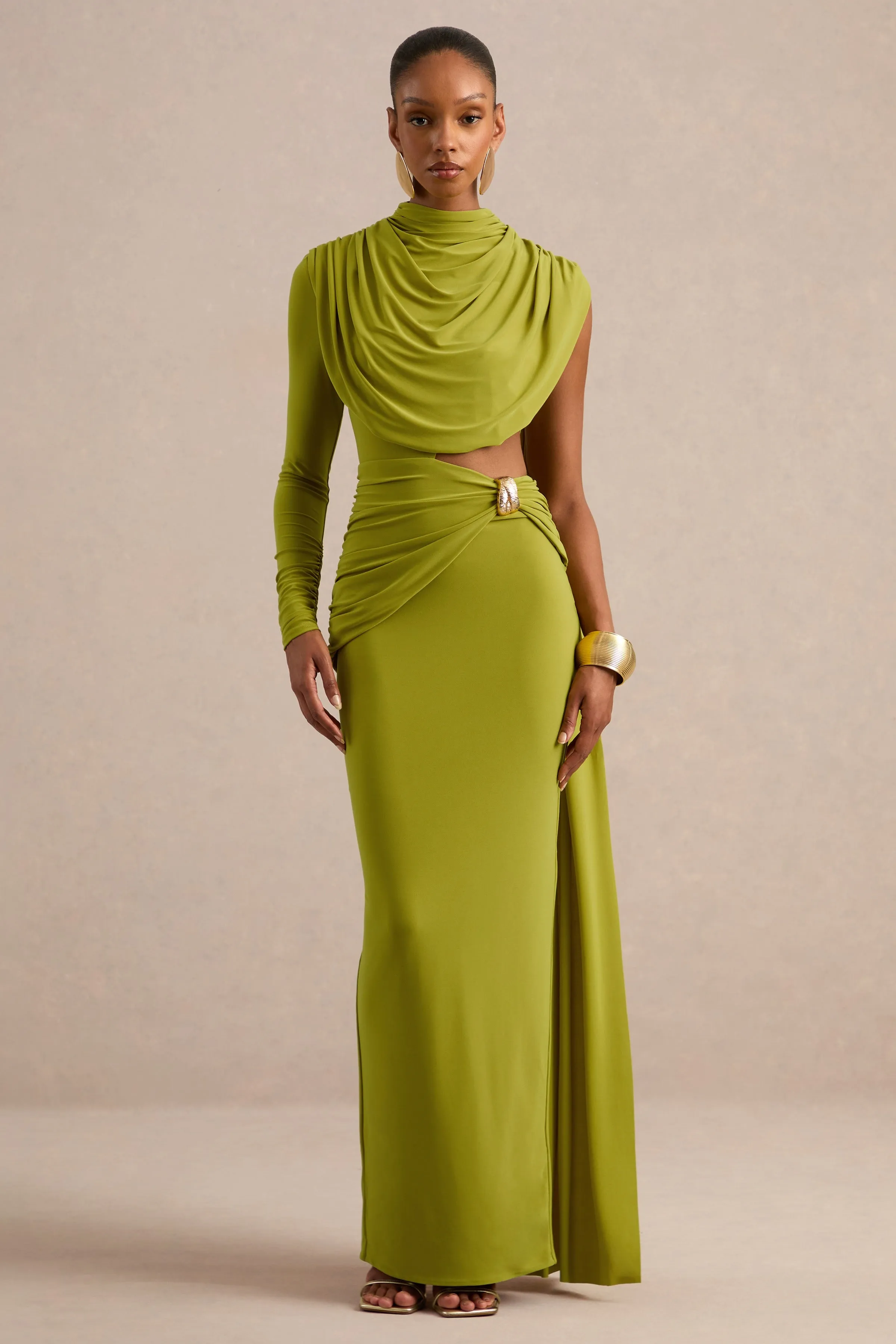 Esmaria | Olive Jersey Ruched High Neck One Sleeve Maxi Dress With Draped Detailing And Gold Trim sold by Club L London product image thumbnail 3
