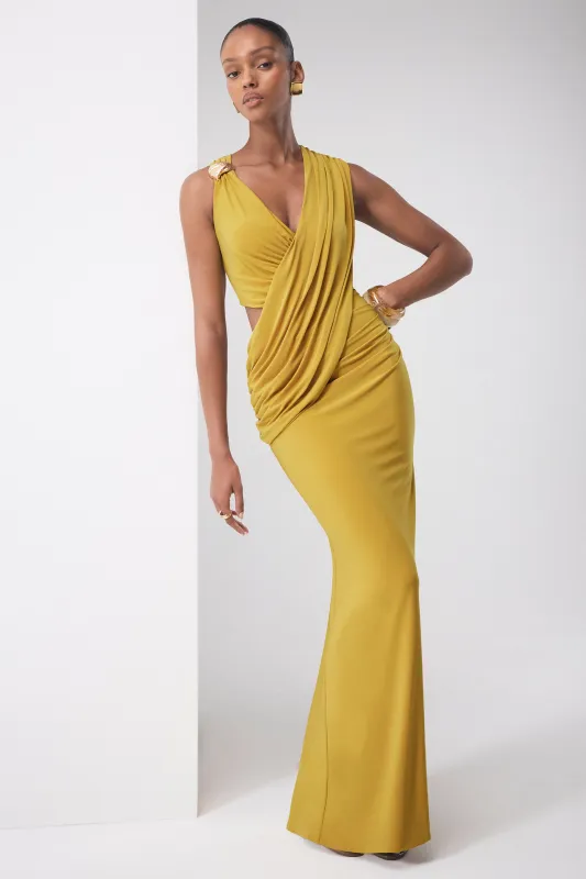 Tahlia | Mustard Plunge-Neck Maxi Dress With Draped Detailing And Gold Detail made by Club L London
