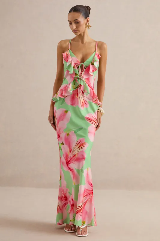 Marlen | Dark Green Floral Print Satin Plunge-Neck Maxi Dress With Ruffled Detailing made by Club L London