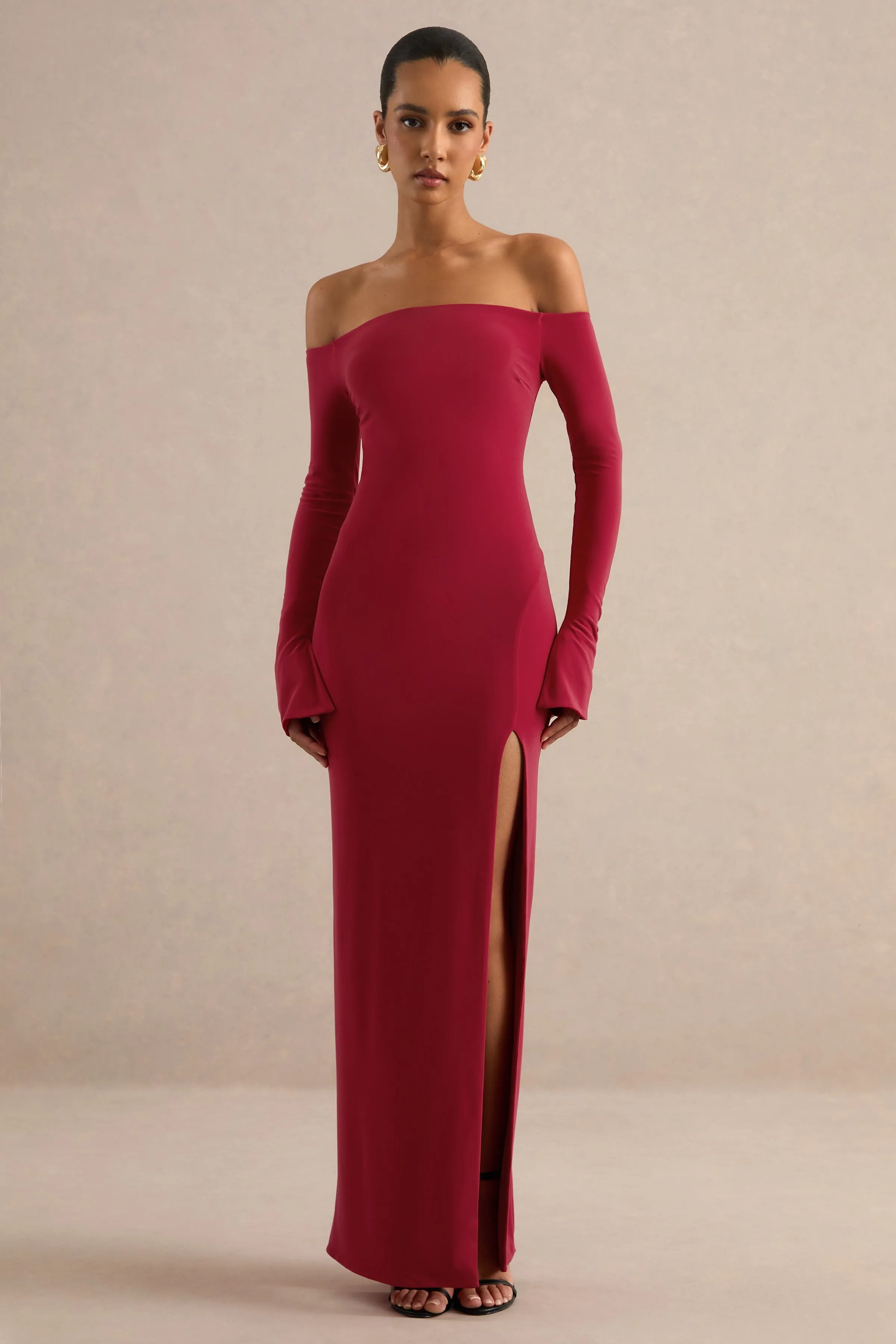 Liviae | Red Bardot-Neck Maxi Dress With Bell Sleeves sold by Club L London product image thumbnail 5