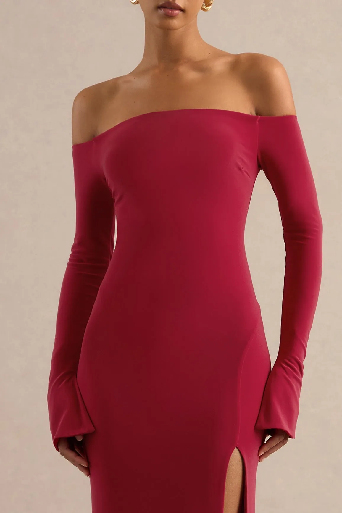 Liviae | Red Bardot-Neck Maxi Dress With Bell Sleeves sold by Club L London product image thumbnail 3