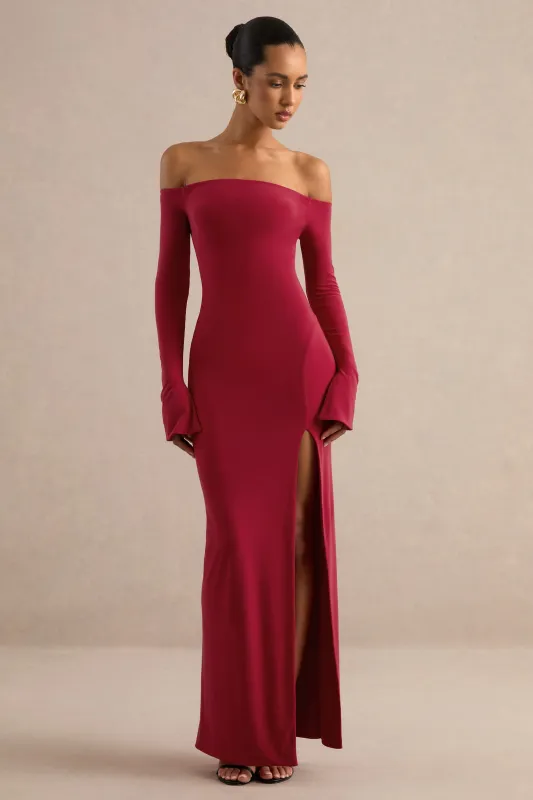 Liviae | Red Bardot-Neck Maxi Dress With Bell Sleeves made by Club L London