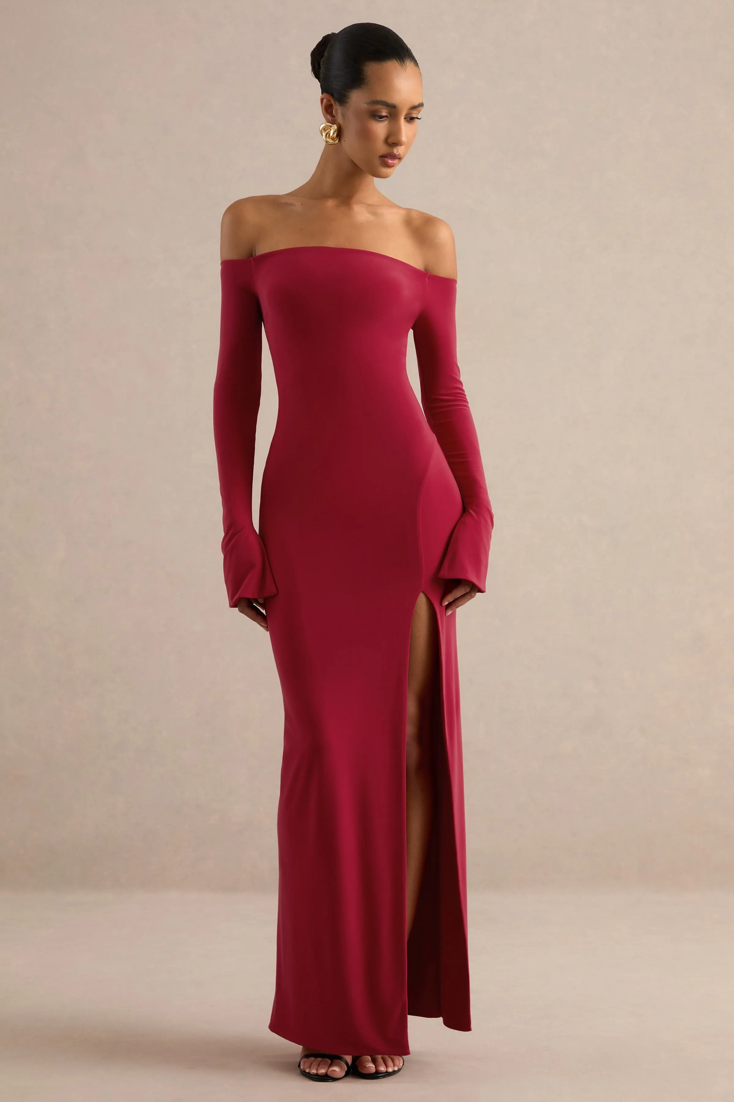 Liviae | Red Bardot-Neck Maxi Dress With Bell Sleeves sold by Club L London