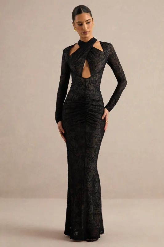 Perriane | Black Lace Halter-Neck Maxi Dress With Cut-Out Details made by Club L London