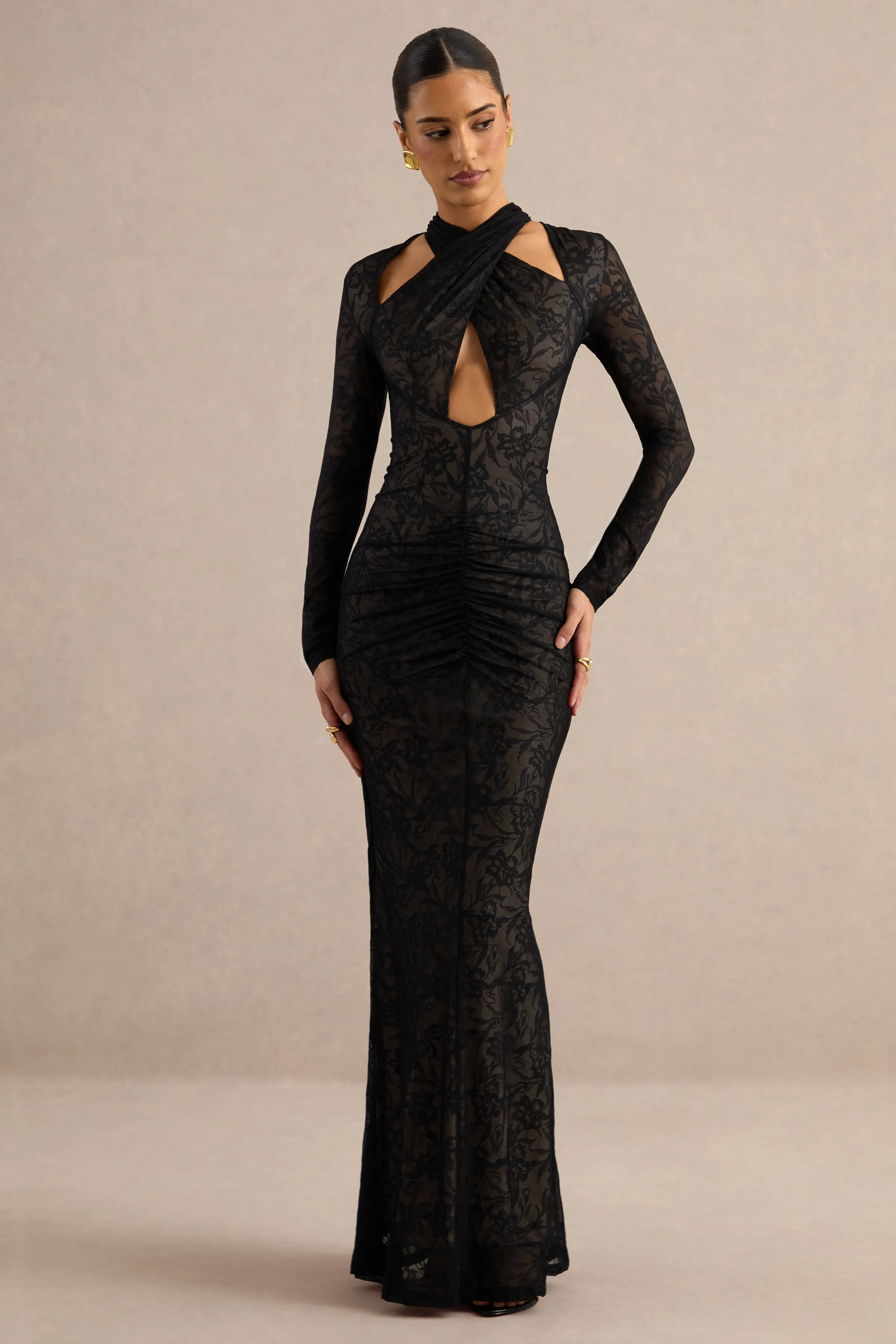 Perriane | Black Lace Ruched Halter Long Sleeve Maxi Dress With Chest Cut Out sold by Club L London