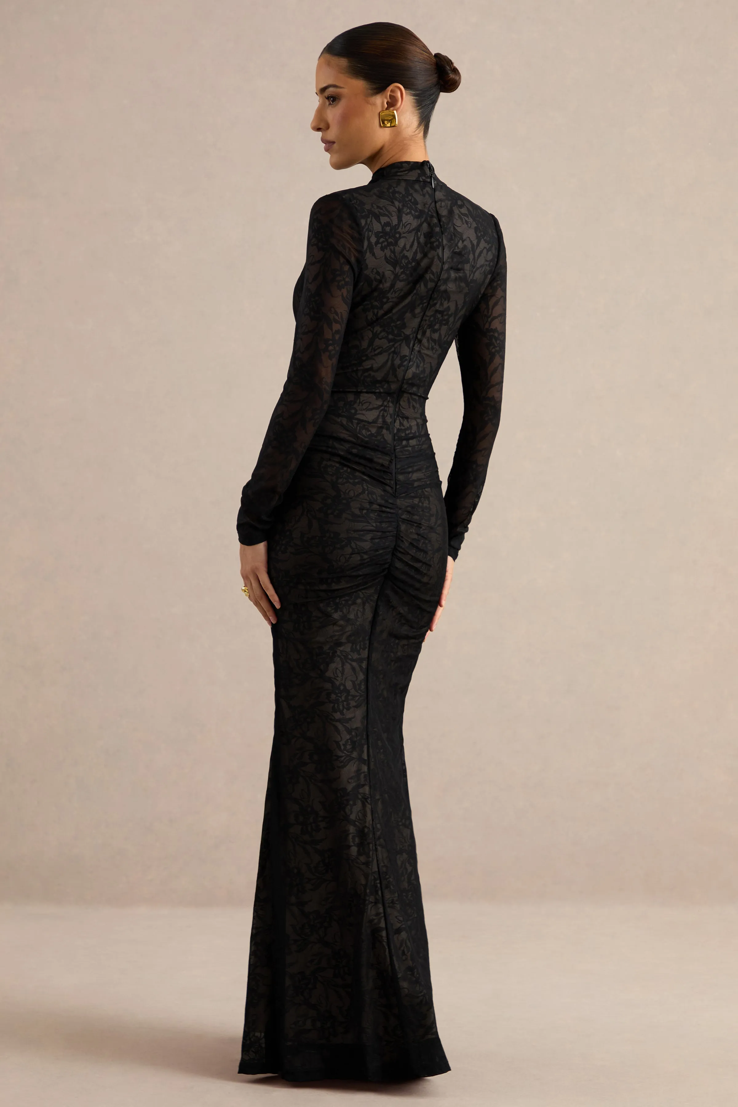 Perriane | Black Lace Ruched Halter Long Sleeve Maxi Dress With Chest Cut Out sold by Club L London product image thumbnail 2